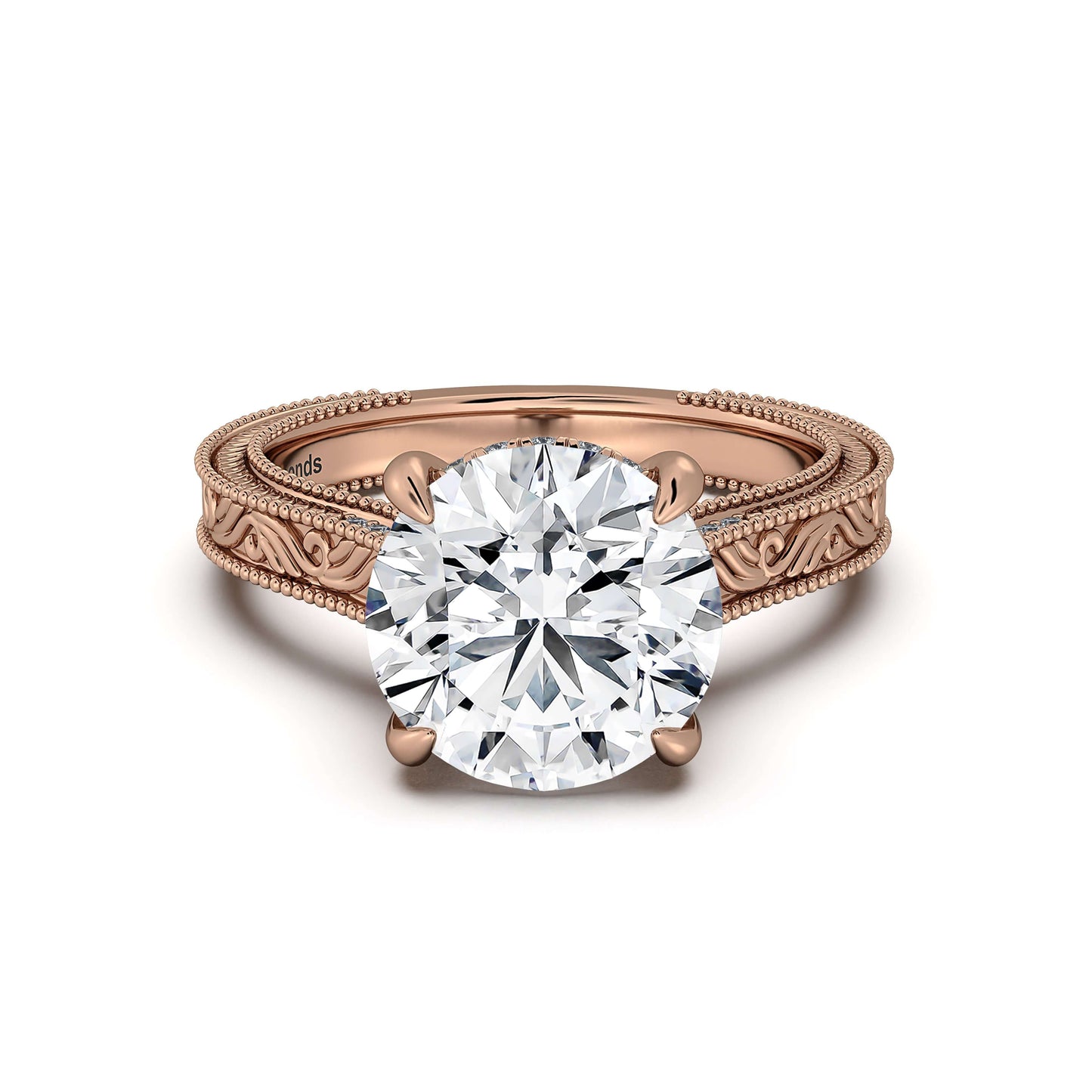 Rose Gold Round Hand-Engraved Diamond Engagement Ring | Waco Diamonds Is Located In Waco, TX | Central Texas' #1 Engagement Ring Store With Lifetime Warranty