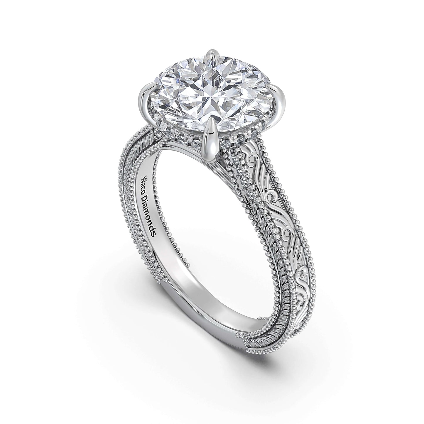 White Gold Round Hand-Engraved Diamond Engagement Ring Side Profile | Waco Diamonds Is Located In Waco, TX | Central Texas' #1 Engagement Ring Store With Lifetime Warranty