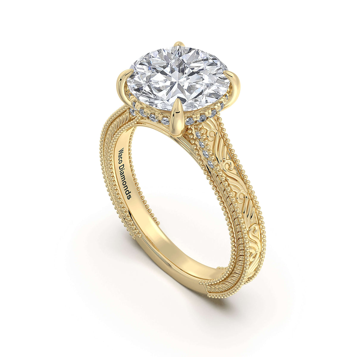 Yellow Gold Round Hand-Engraved Diamond Engagement Ring Side Profile | Waco Diamonds Is Located In Waco, TX | Central Texas' #1 Engagement Ring Store With Lifetime Warranty