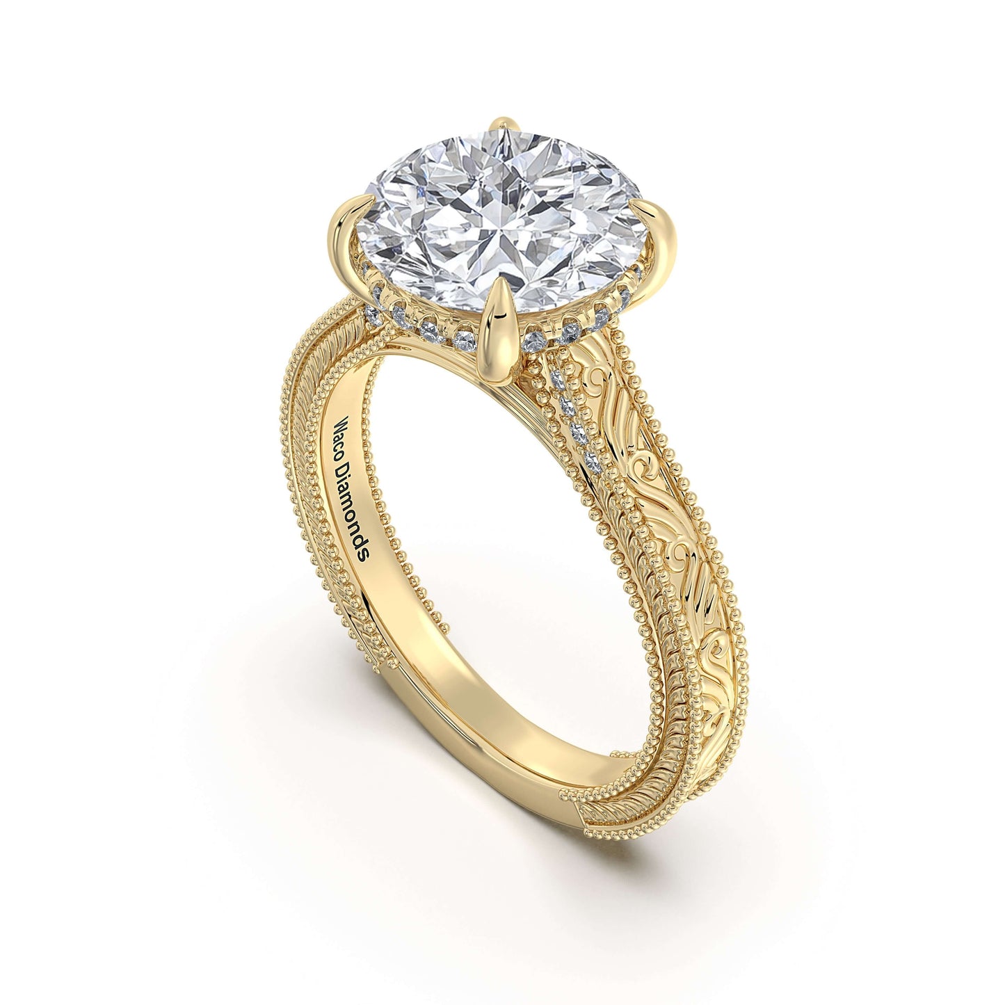 Yellow Gold Round Hand-Engraved Diamond Engagement Ring Side Profile | Waco Diamonds Is Located In Waco, TX | Central Texas' #1 Engagement Ring Store With Lifetime Warranty