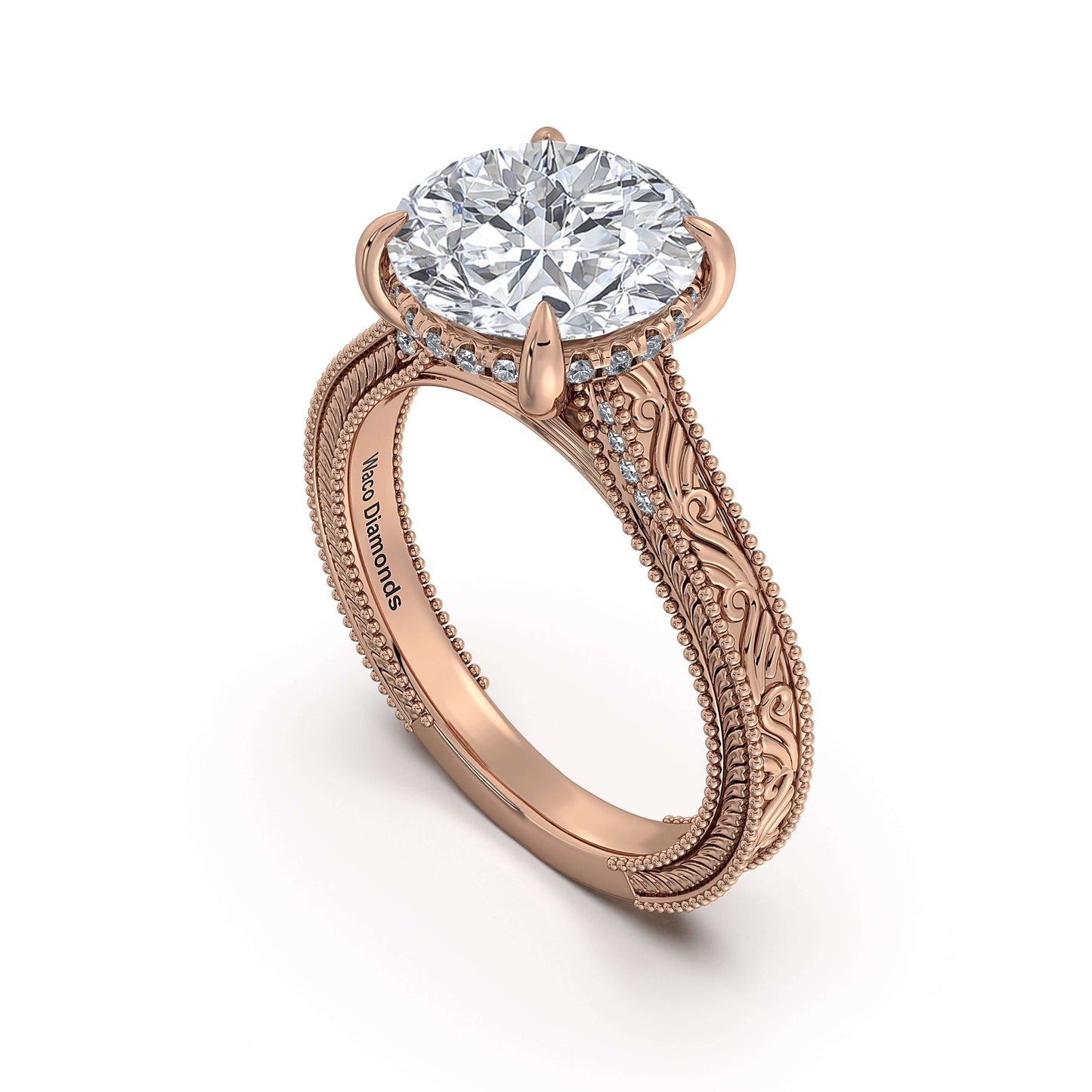 Rose Gold Round Hand-Engraved Diamond Engagement Ring Side Profile | Waco Diamonds Is Located In Waco, TX | Central Texas' #1 Engagement Ring Store With Lifetime Warranty