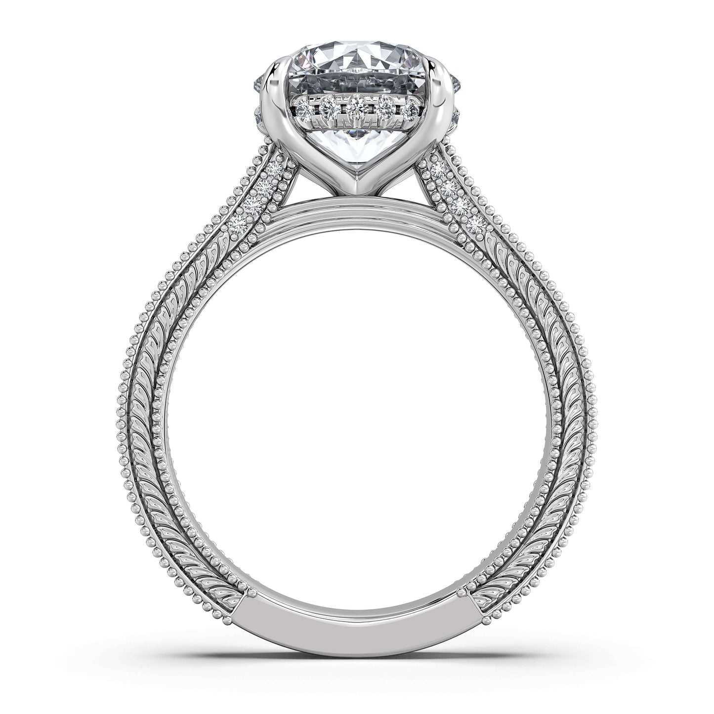 White Gold Round Hand-Engraved Diamond Engagement Ring Profile View | Waco Diamonds Is Located In Waco, TX | Central Texas' #1 Engagement Ring Store With Lifetime Warranty