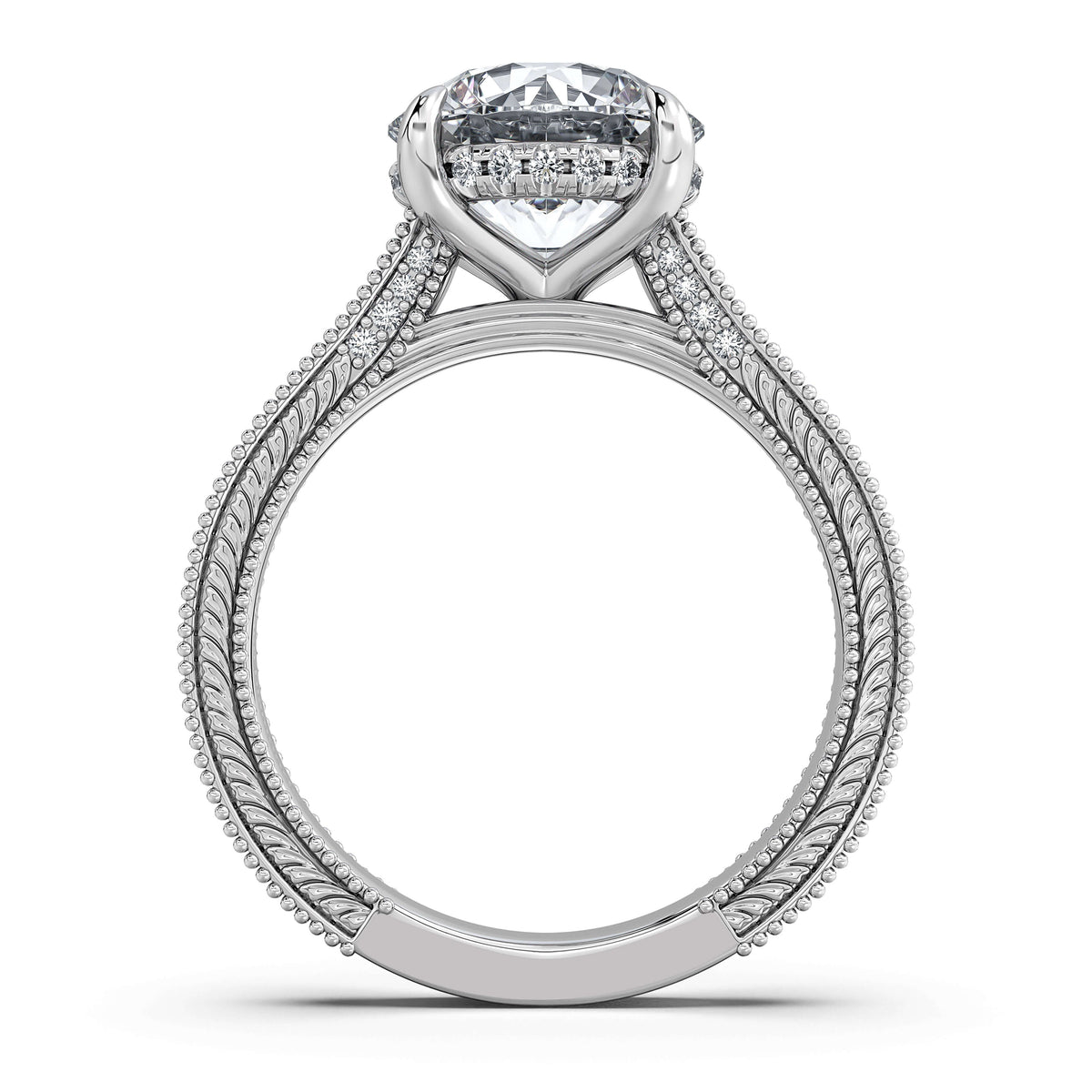 White Gold Round Hand-Engraved Diamond Engagement Ring Profile View | Waco Diamonds Is Located In Waco, TX | Central Texas' #1 Engagement Ring Store With Lifetime Warranty
