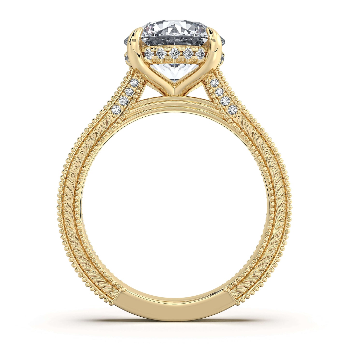 Yellow Gold Round Hand-Engraved Diamond Engagement Ring Profile View | Waco Diamonds Is Located In Waco, TX | Central Texas' #1 Engagement Ring Store With Lifetime Warranty