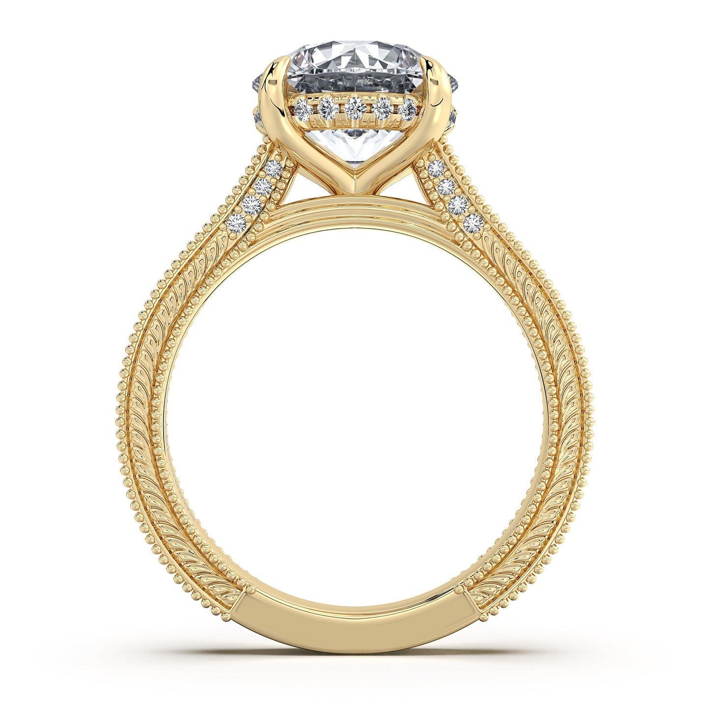 Yellow Gold Round Hand-Engraved Diamond Engagement Ring Profile View | Waco Diamonds Is Located In Waco, TX | Central Texas' #1 Engagement Ring Store With Lifetime Warranty