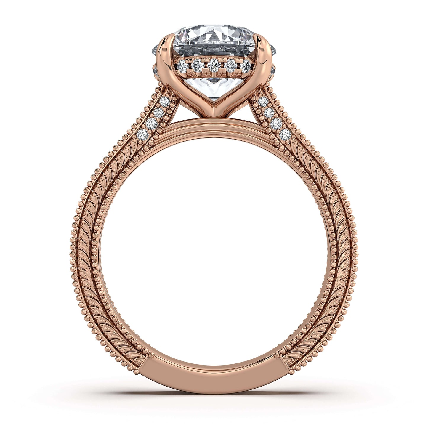 Rose Gold Round Hand-Engraved Diamond Engagement Ring Profile View | Waco Diamonds Is Located In Waco, TX | Central Texas' #1 Engagement Ring Store With Lifetime Warranty