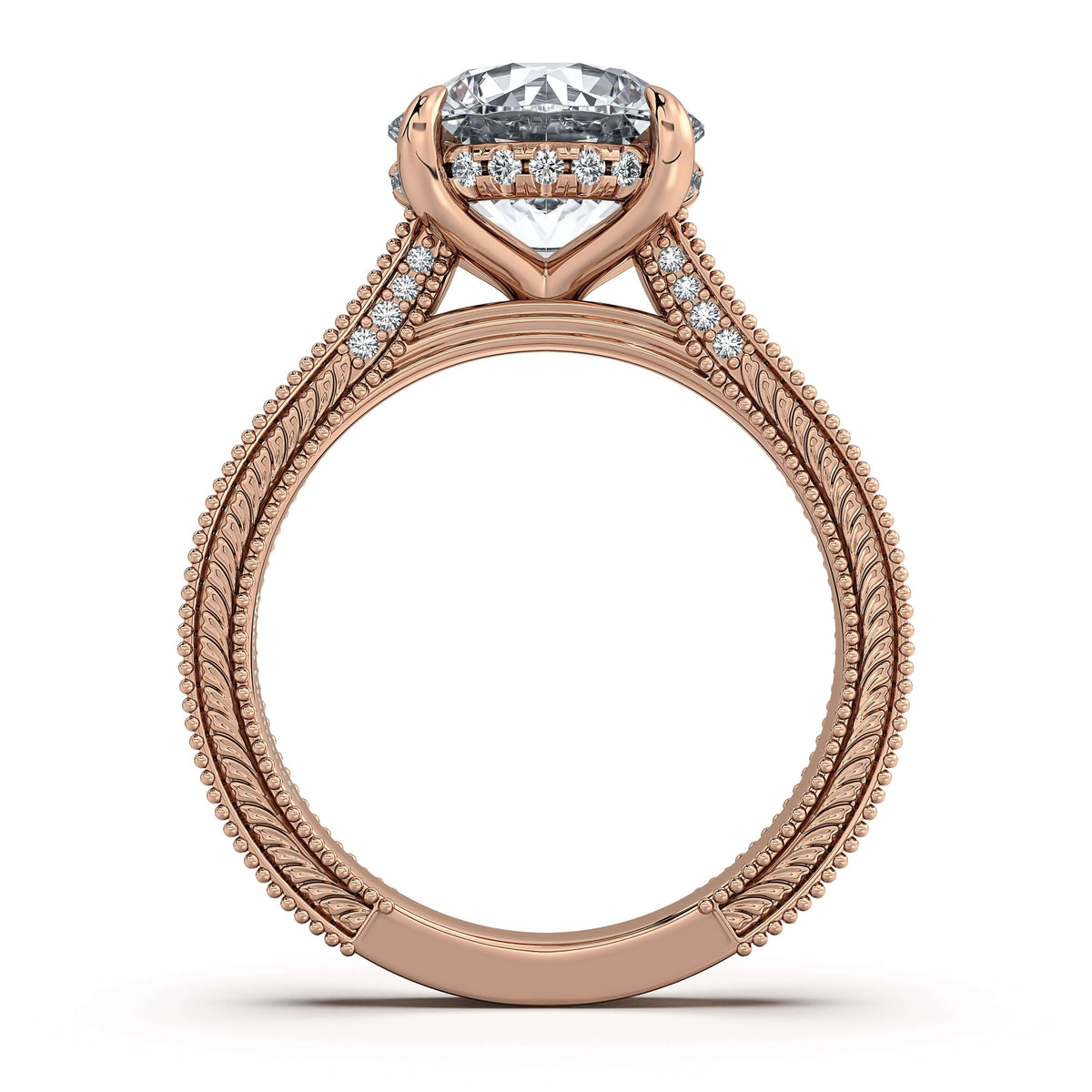 Rose Gold Round Hand-Engraved Diamond Engagement Ring Profile View | Waco Diamonds Is Located In Waco, TX | Central Texas' #1 Engagement Ring Store With Lifetime Warranty