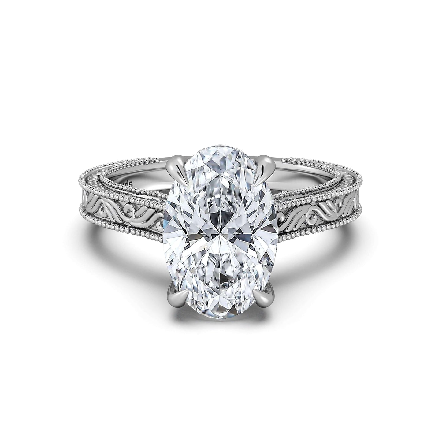 White Gold Oval Hand-Engraved Diamond Engagement Ring | Waco Diamonds Is Located In Waco, TX | Central Texas' #1 Engagement Ring Store With Lifetime Warranty
