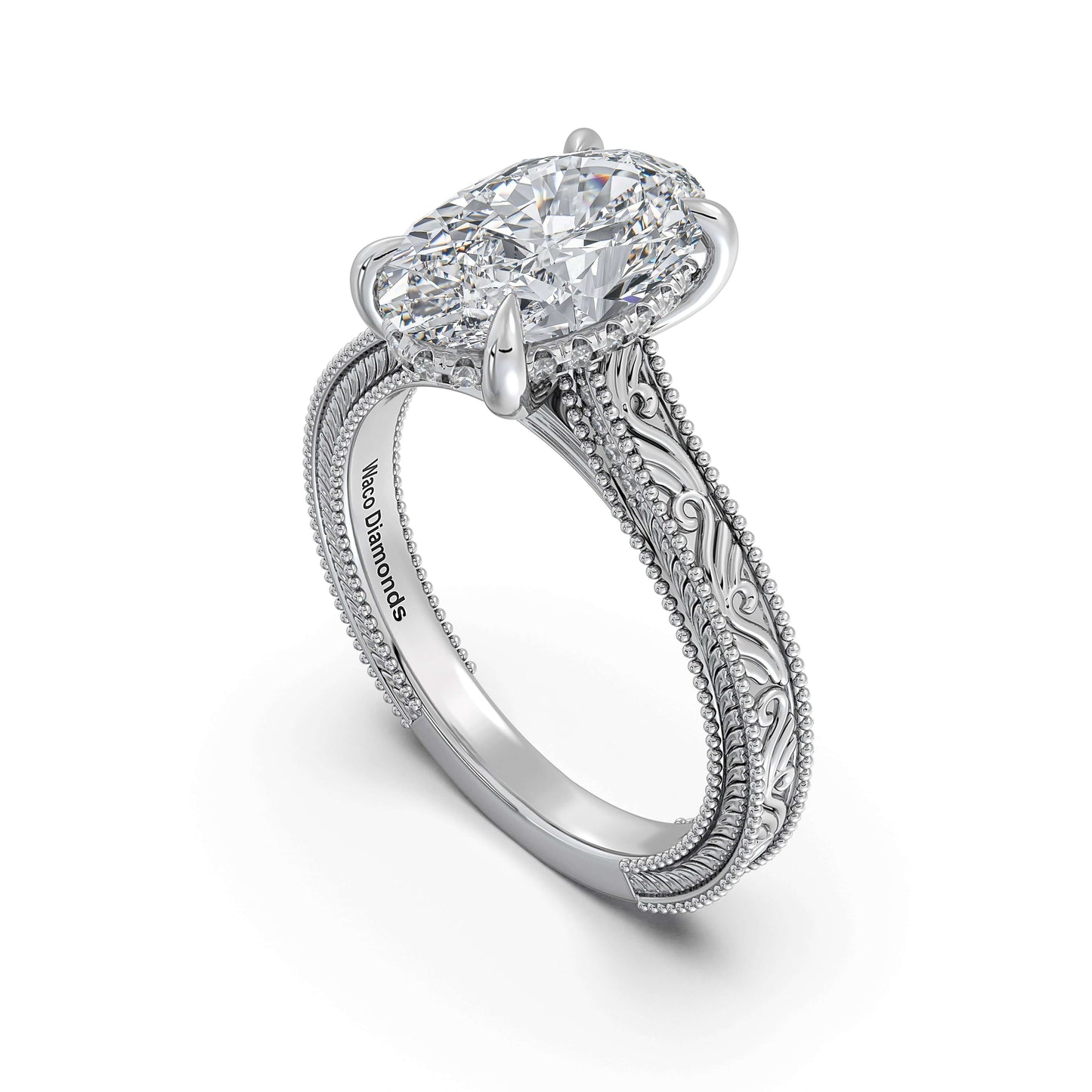 White Gold Oval Hand-Engraved Diamond Engagement Ring Side Profile | Waco Diamonds Is Located In Waco, TX | Central Texas' #1 Engagement Ring Store With Lifetime Warranty