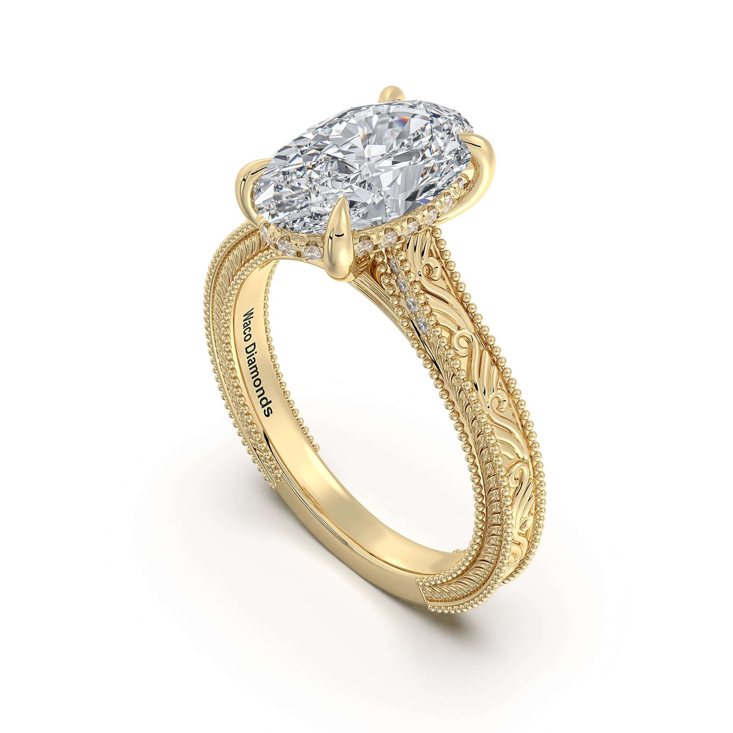 Yellow Gold Oval Hand-Engraved Diamond Engagement Ring Side Profile | Waco Diamonds Is Located In Waco, TX | Central Texas' #1 Engagement Ring Store With Lifetime Warranty