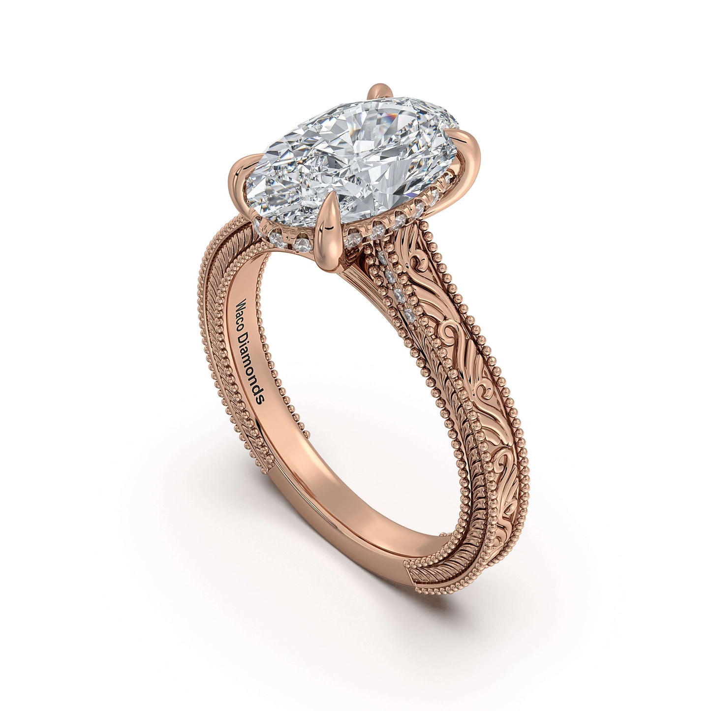 Rose Gold Oval Hand-Engraved Diamond Engagement Ring Side Profile | Waco Diamonds Is Located In Waco, TX | Central Texas' #1 Engagement Ring Store With Lifetime Warranty