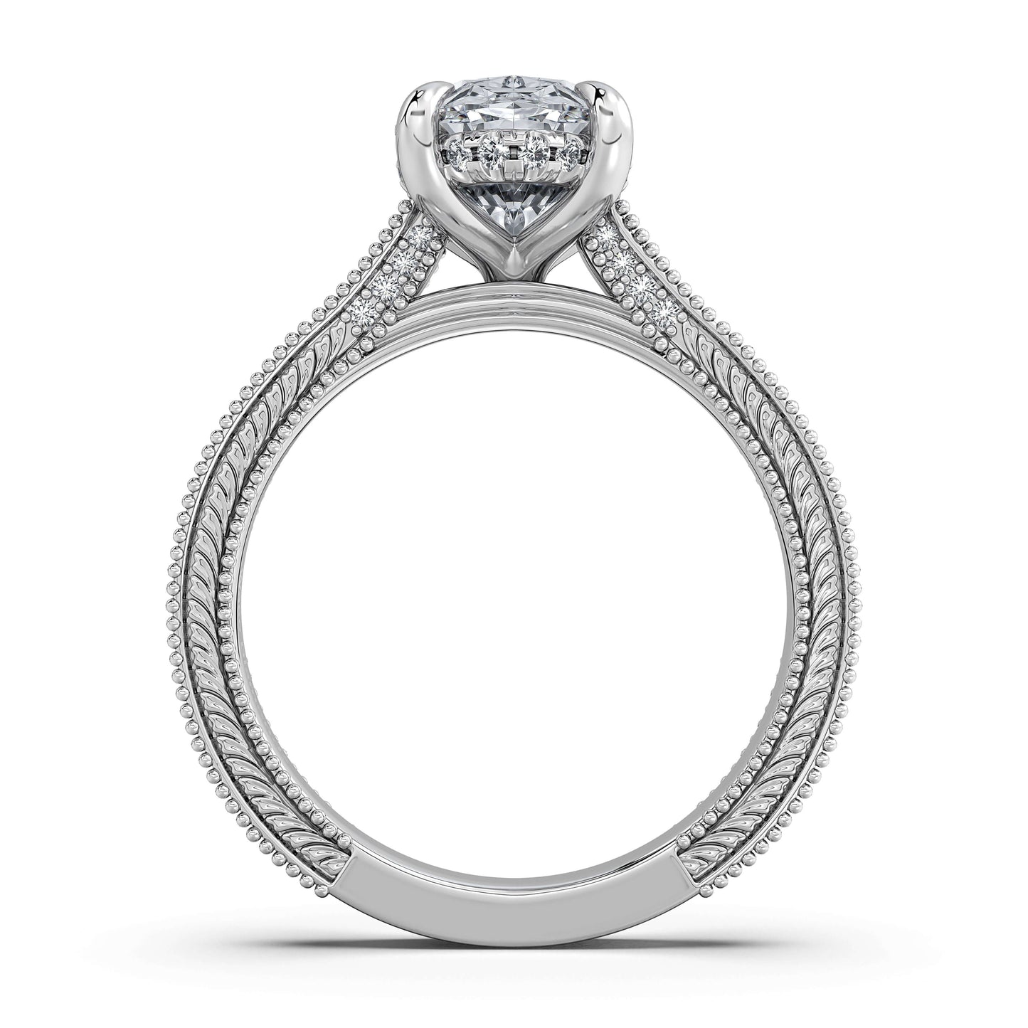 White Gold Oval Hand-Engraved Diamond Engagement Ring Profile View | Waco Diamonds Is Located In Waco, TX | Central Texas' #1 Engagement Ring Store With Lifetime Warranty