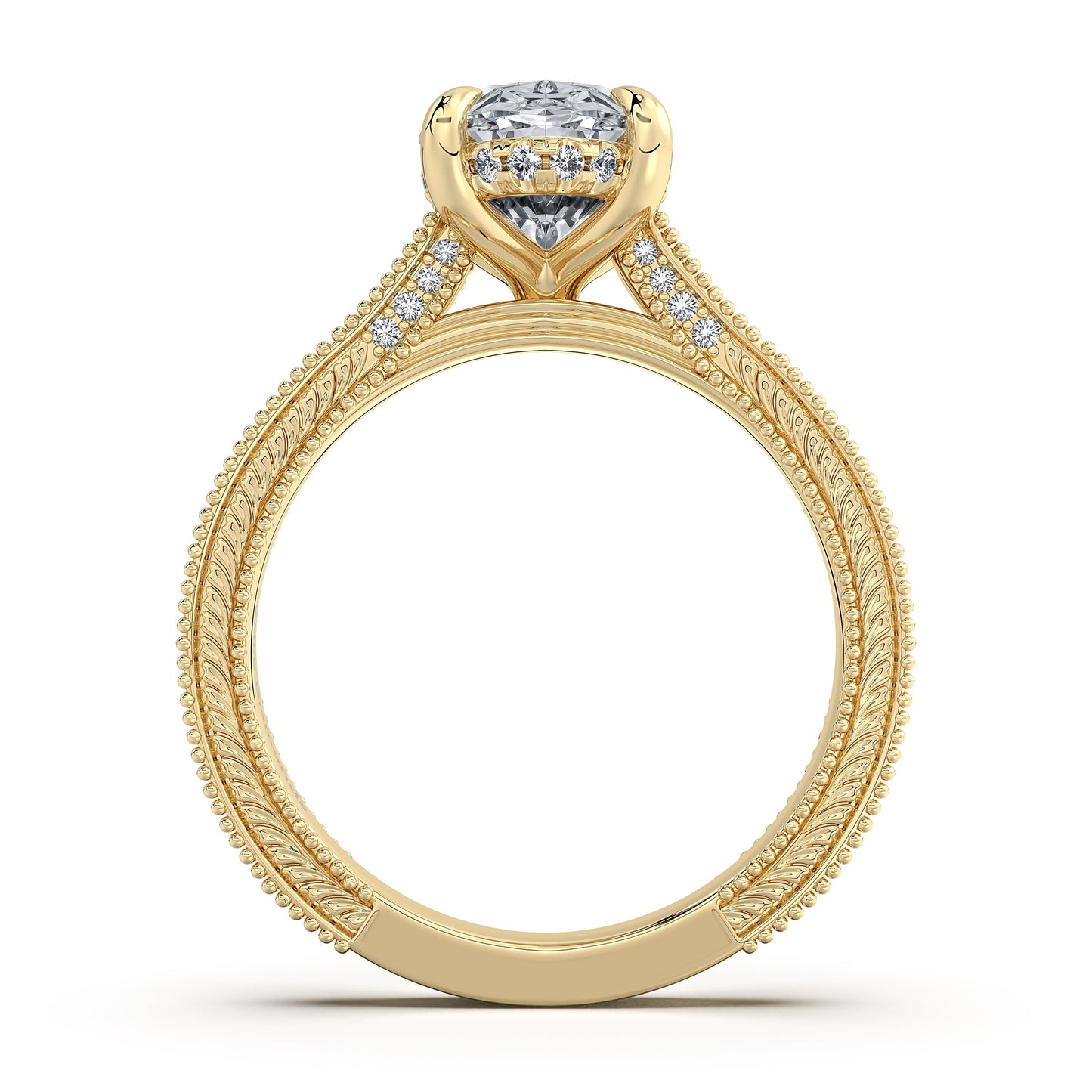 Yellow Gold Oval Hand-Engraved Diamond Engagement Ring Profile View | Waco Diamonds Is Located In Waco, TX | Central Texas' #1 Engagement Ring Store With Lifetime Warranty