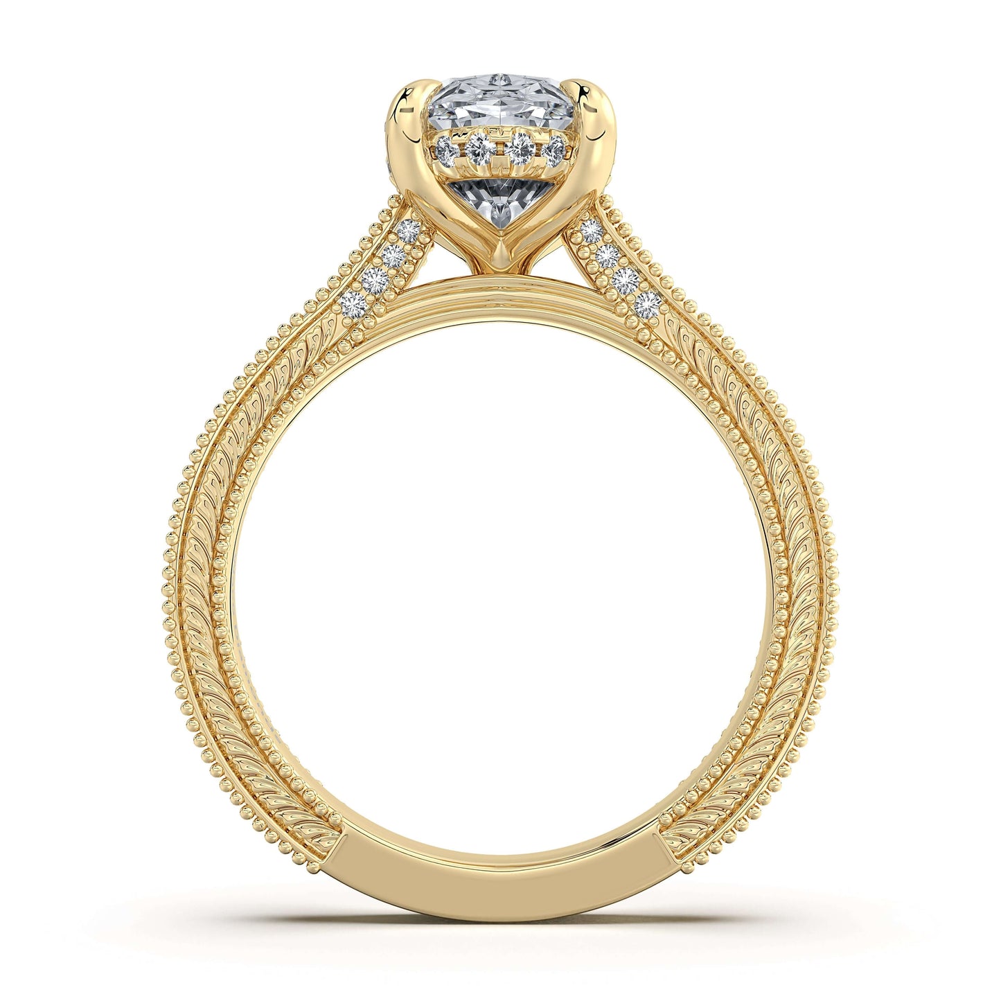 Yellow Gold Oval Hand-Engraved Diamond Engagement Ring Profile View | Waco Diamonds Is Located In Waco, TX | Central Texas' #1 Engagement Ring Store With Lifetime Warranty