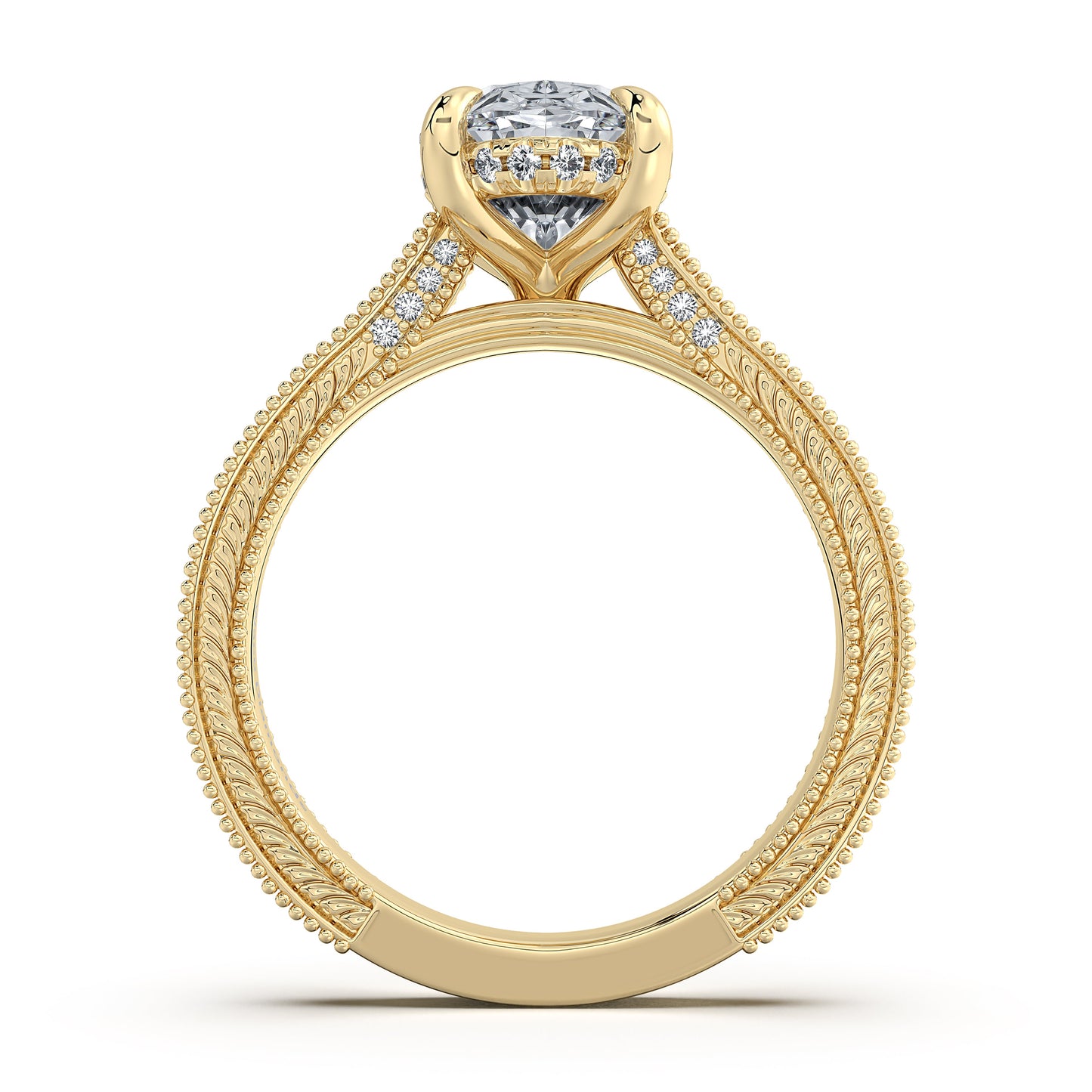 Yellow Gold Oval Hand-Engraved Diamond Engagement Ring Profile View | Waco Diamonds Is Located In Waco, TX | Central Texas' #1 Engagement Ring Store With Lifetime Warranty