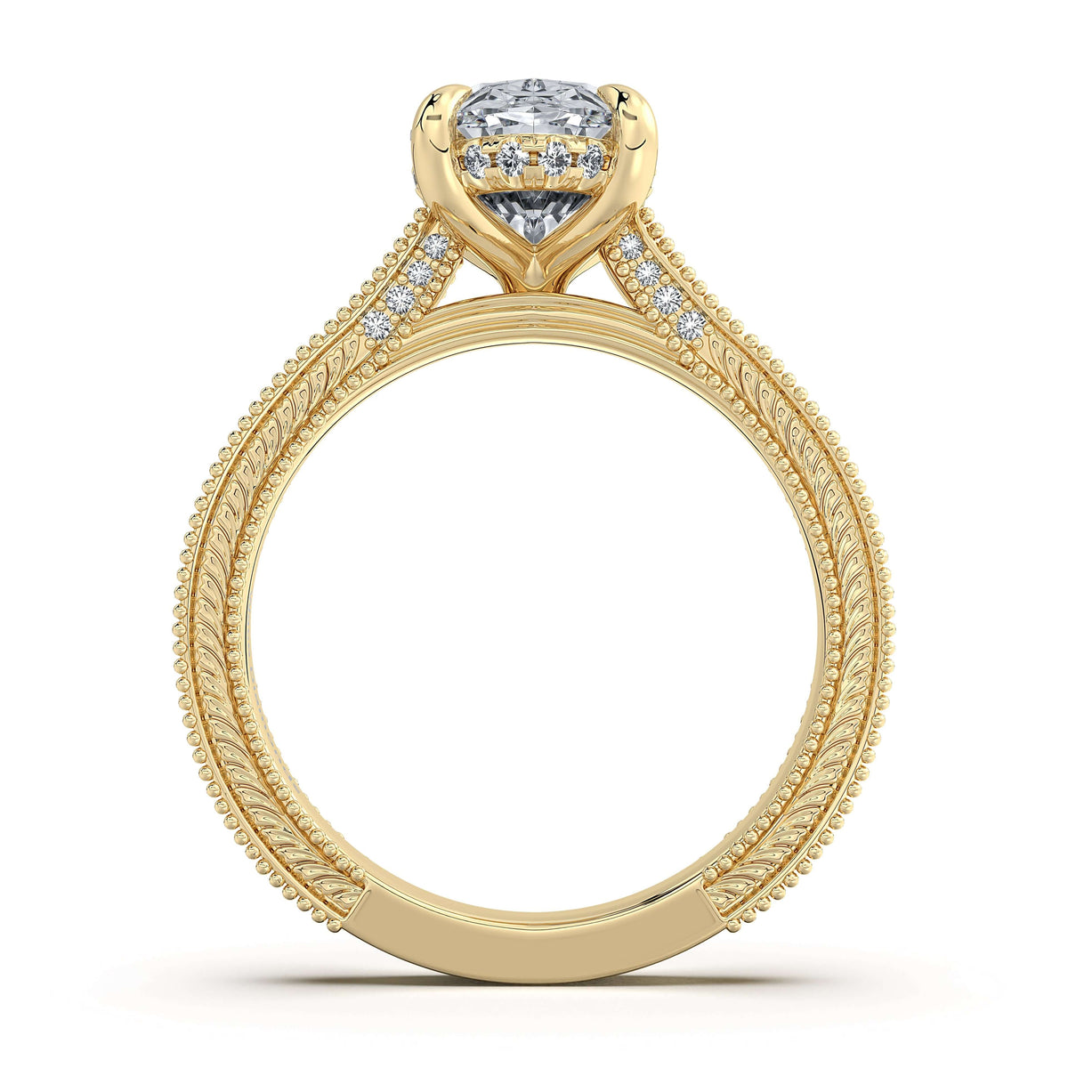 Yellow Gold Oval Hand-Engraved Diamond Engagement Ring Profile View | Waco Diamonds Is Located In Waco, TX | Central Texas' #1 Engagement Ring Store With Lifetime Warranty