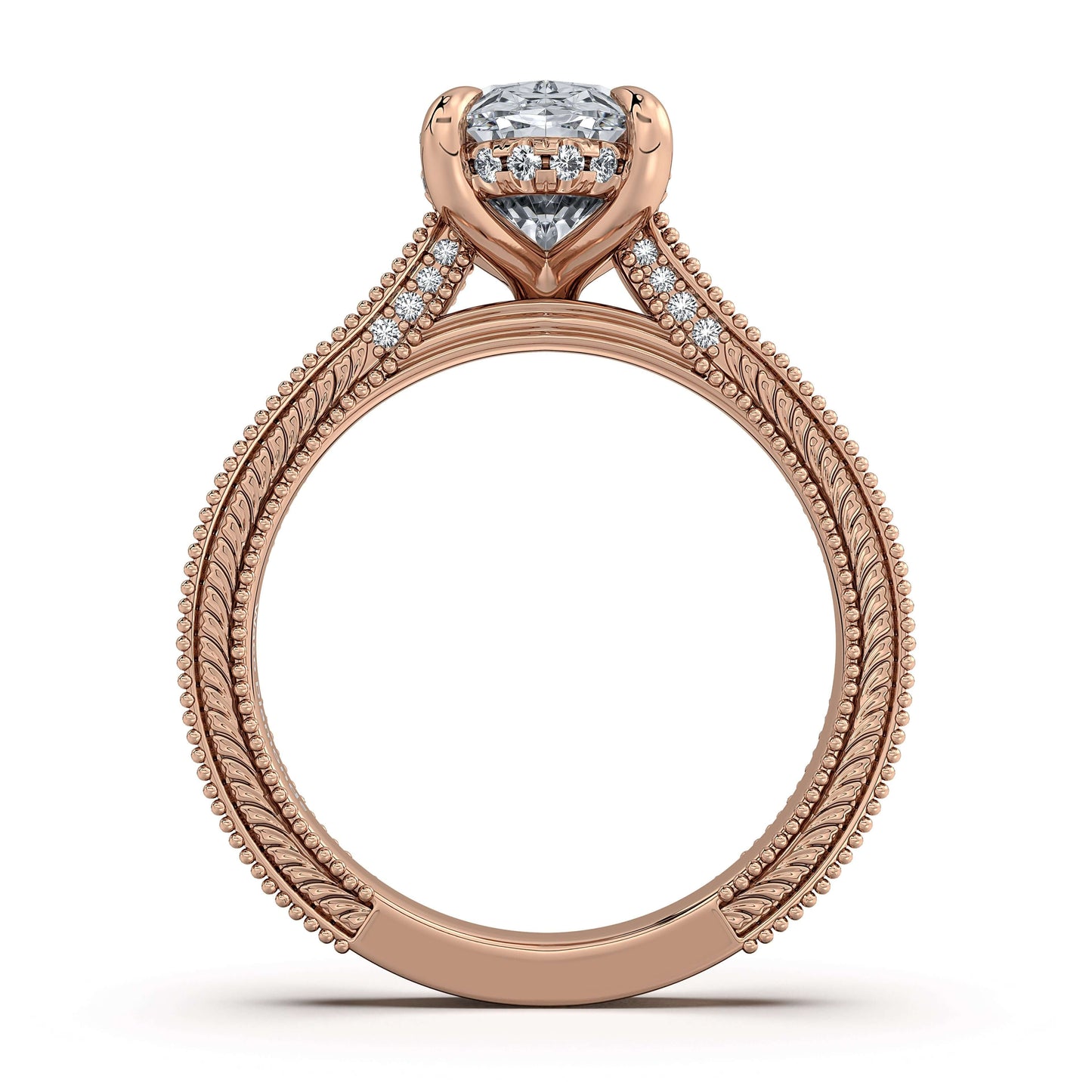 Rose Gold Oval Hand-Engraved Diamond Engagement Ring Profile View | Waco Diamonds Is Located In Waco, TX | Central Texas' #1 Engagement Ring Store With Lifetime Warranty