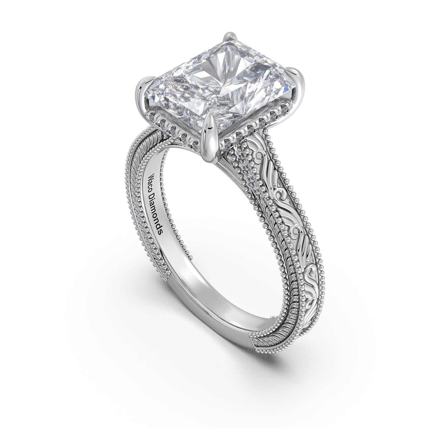 White Gold Radiant Hand-Engraved Diamond Engagement Ring Side Profile | Waco Diamonds Is Located In Waco, TX | Central Texas' #1 Engagement Ring Store With Lifetime Warranty