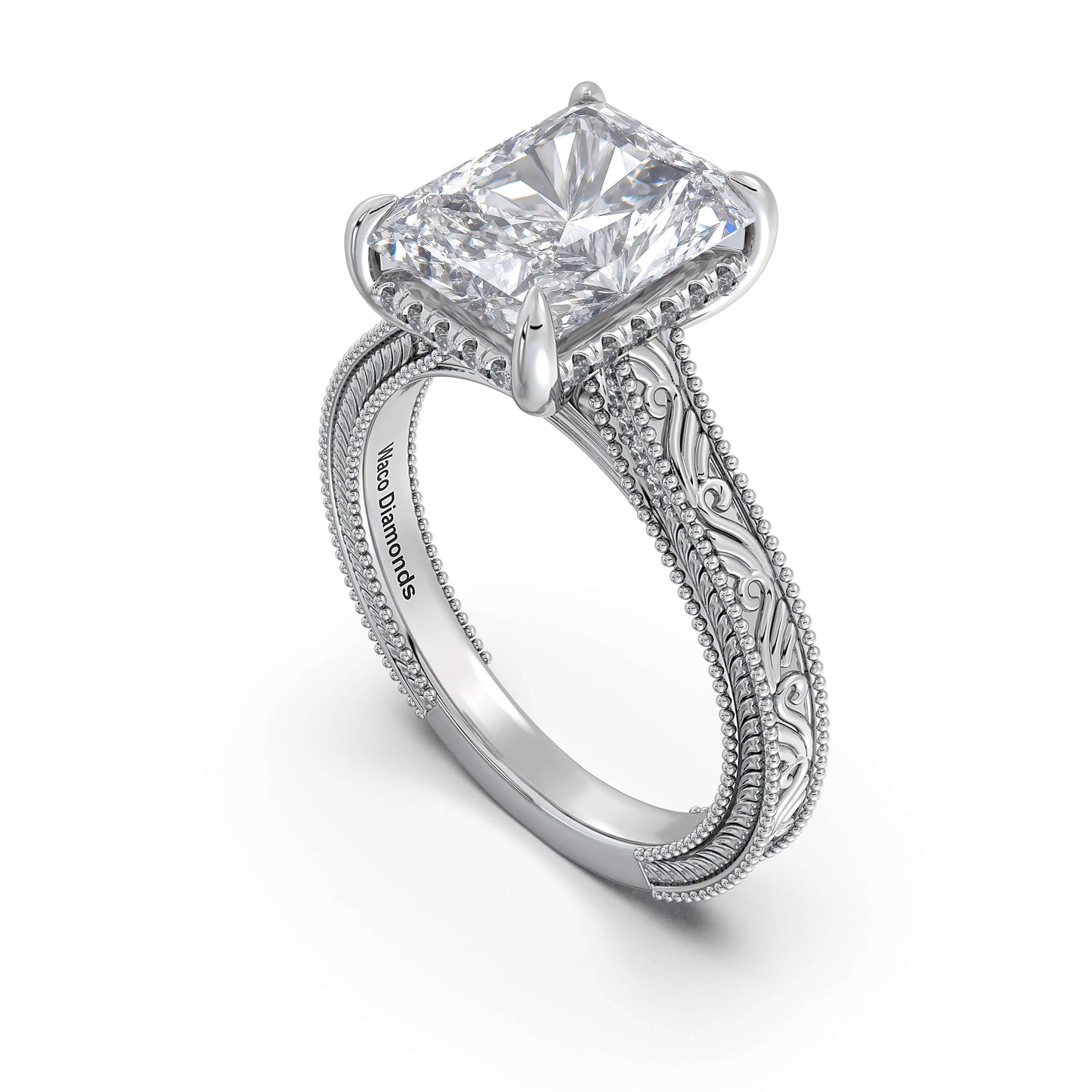 White Gold Radiant Hand-Engraved Diamond Engagement Ring Side Profile | Waco Diamonds Is Located In Waco, TX | Central Texas' #1 Engagement Ring Store With Lifetime Warranty
