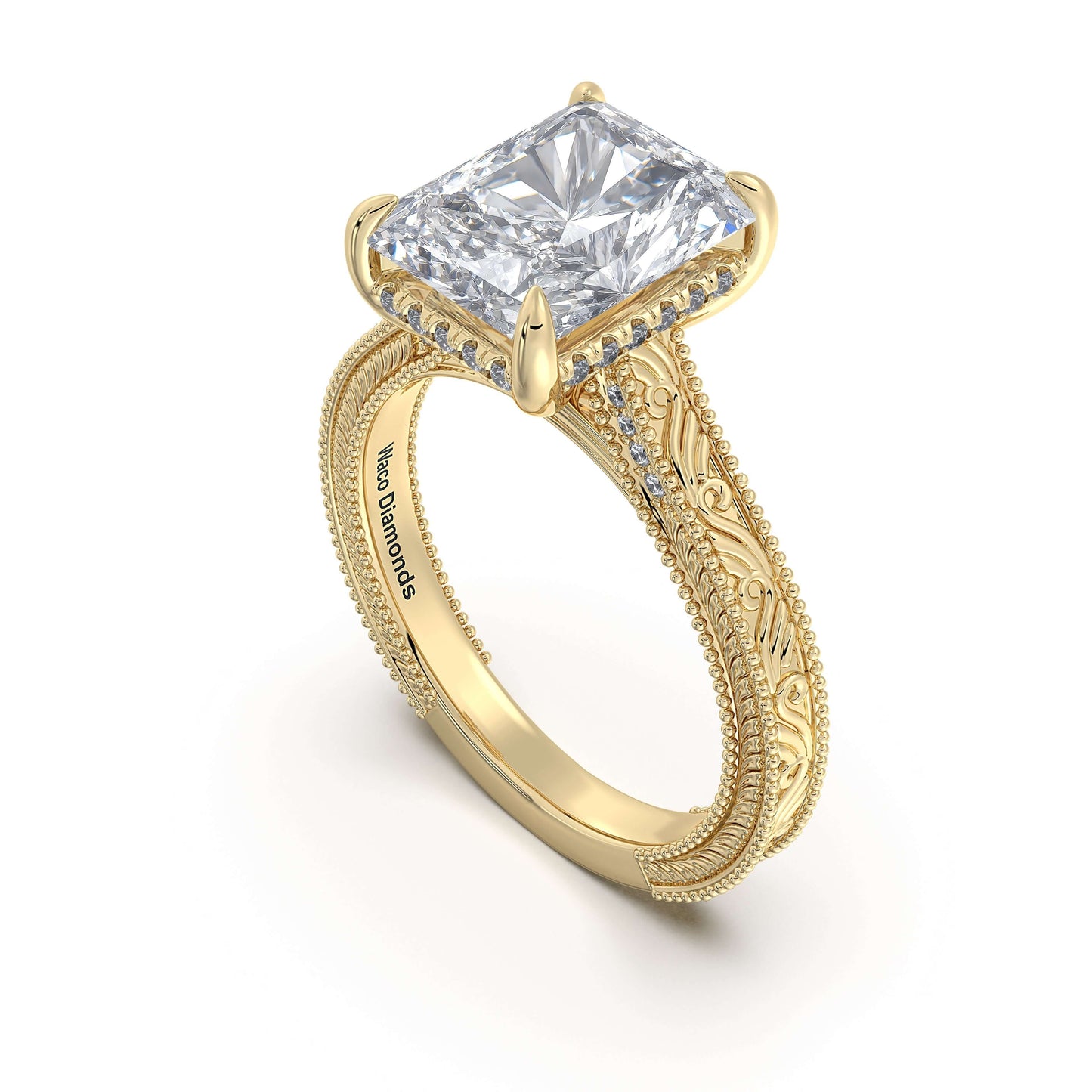 Yellow Gold Radiant Hand-Engraved Diamond Engagement Ring Side Profile | Waco Diamonds Is Located In Waco, TX | Central Texas' #1 Engagement Ring Store With Lifetime Warranty