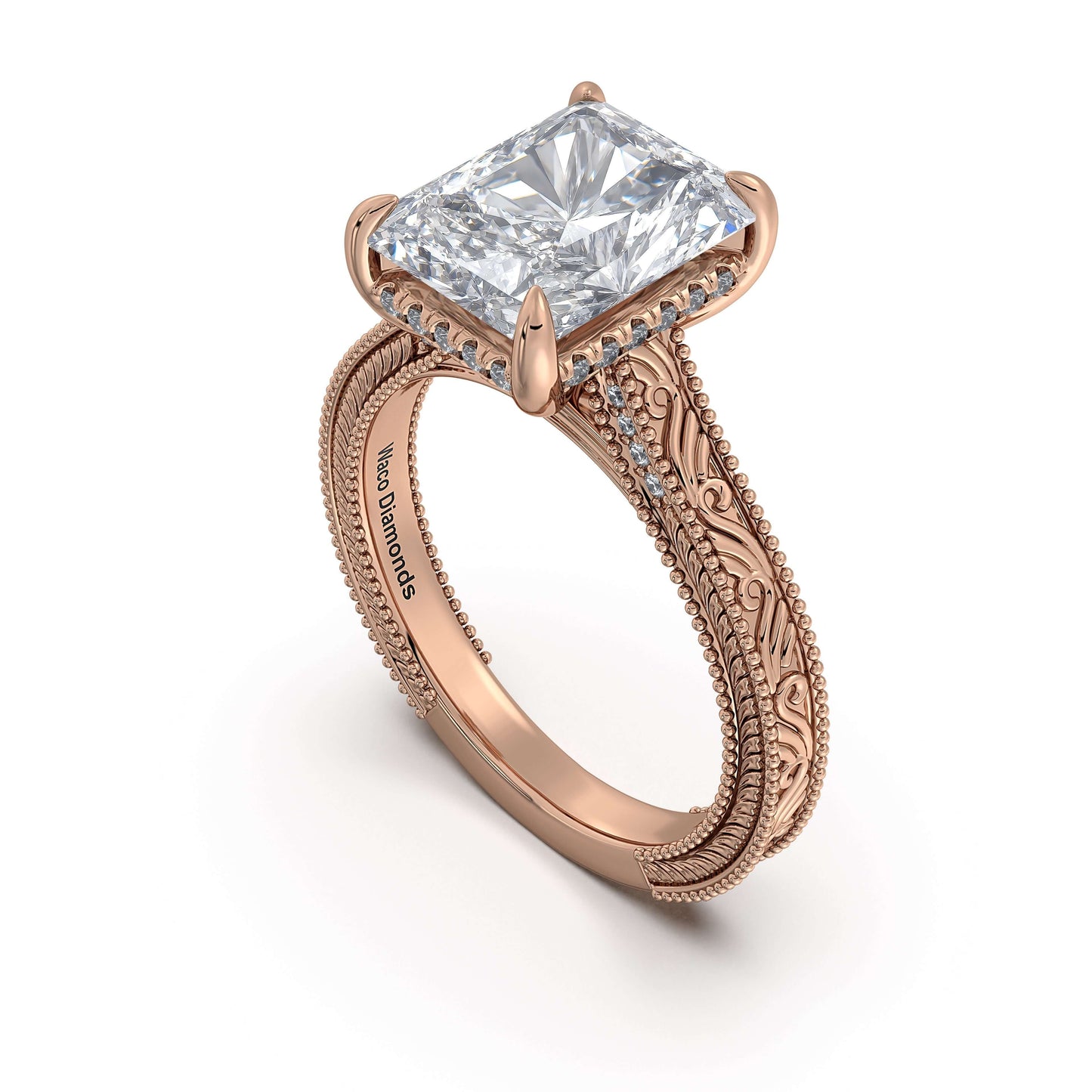 Rose Gold Radiant Hand-Engraved Diamond Engagement Ring Side Profile | Waco Diamonds Is Located In Waco, TX | Central Texas' #1 Engagement Ring Store With Lifetime Warranty