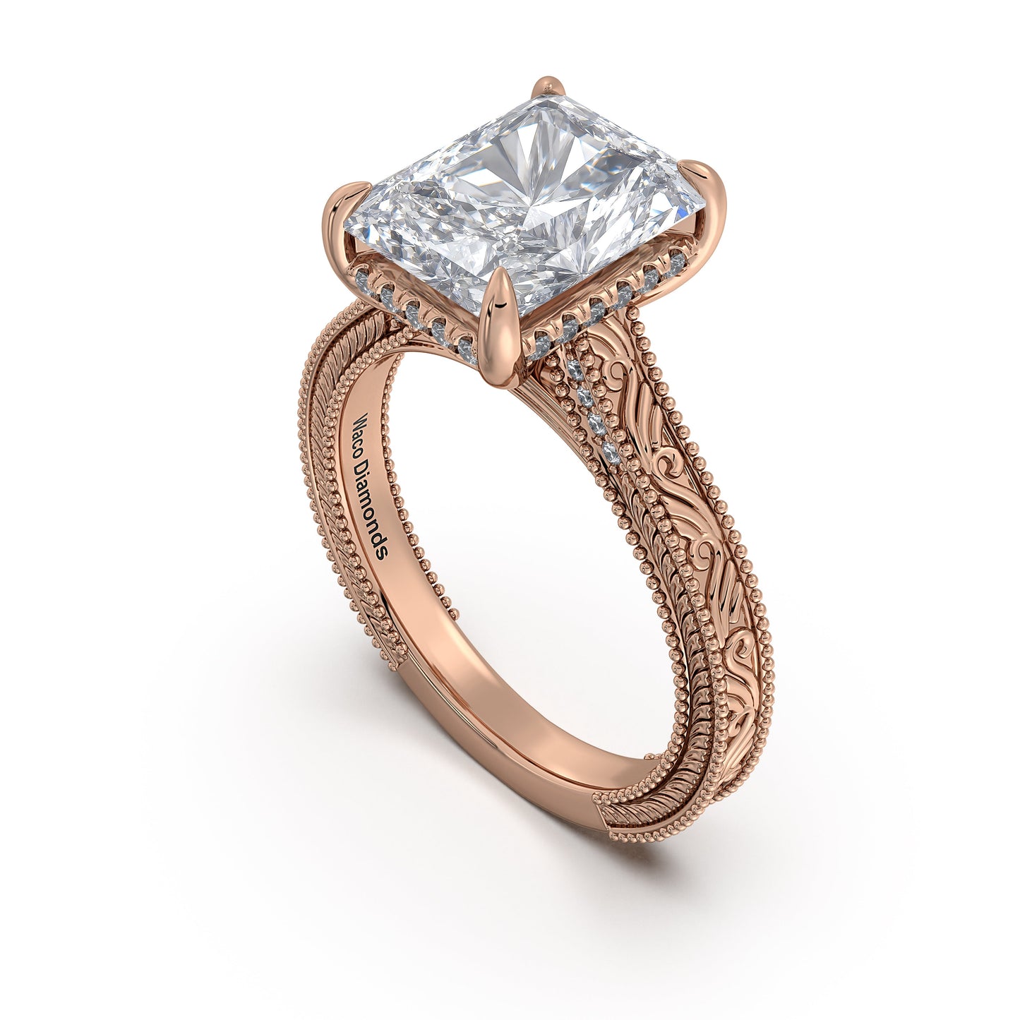 Rose Gold Radiant Hand-Engraved Diamond Engagement Ring Side Profile | Waco Diamonds Is Located In Waco, TX | Central Texas' #1 Engagement Ring Store With Lifetime Warranty