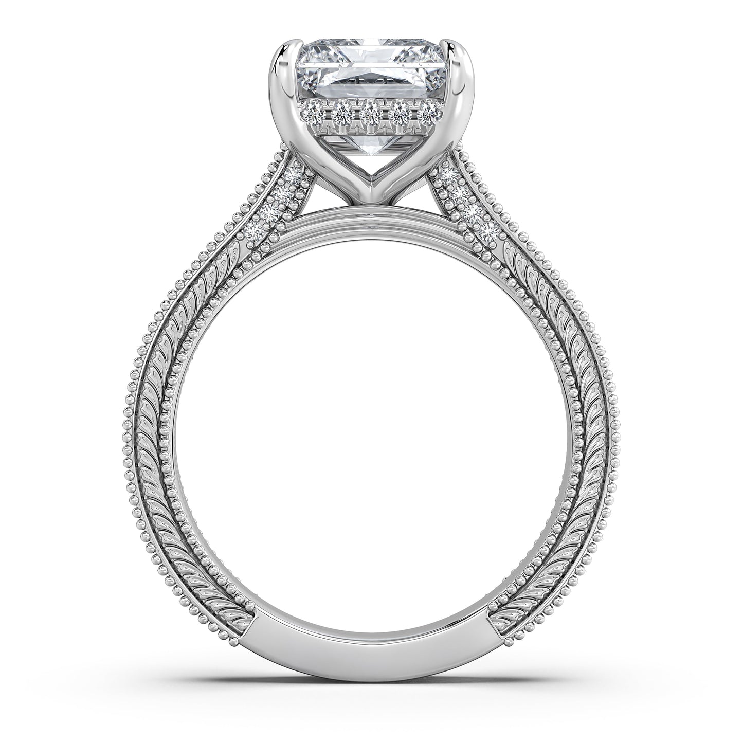 White Gold Radiant Hand-Engraved Diamond Engagement Ring Profile View | Waco Diamonds Is Located In Waco, TX | Central Texas' #1 Engagement Ring Store With Lifetime Warranty