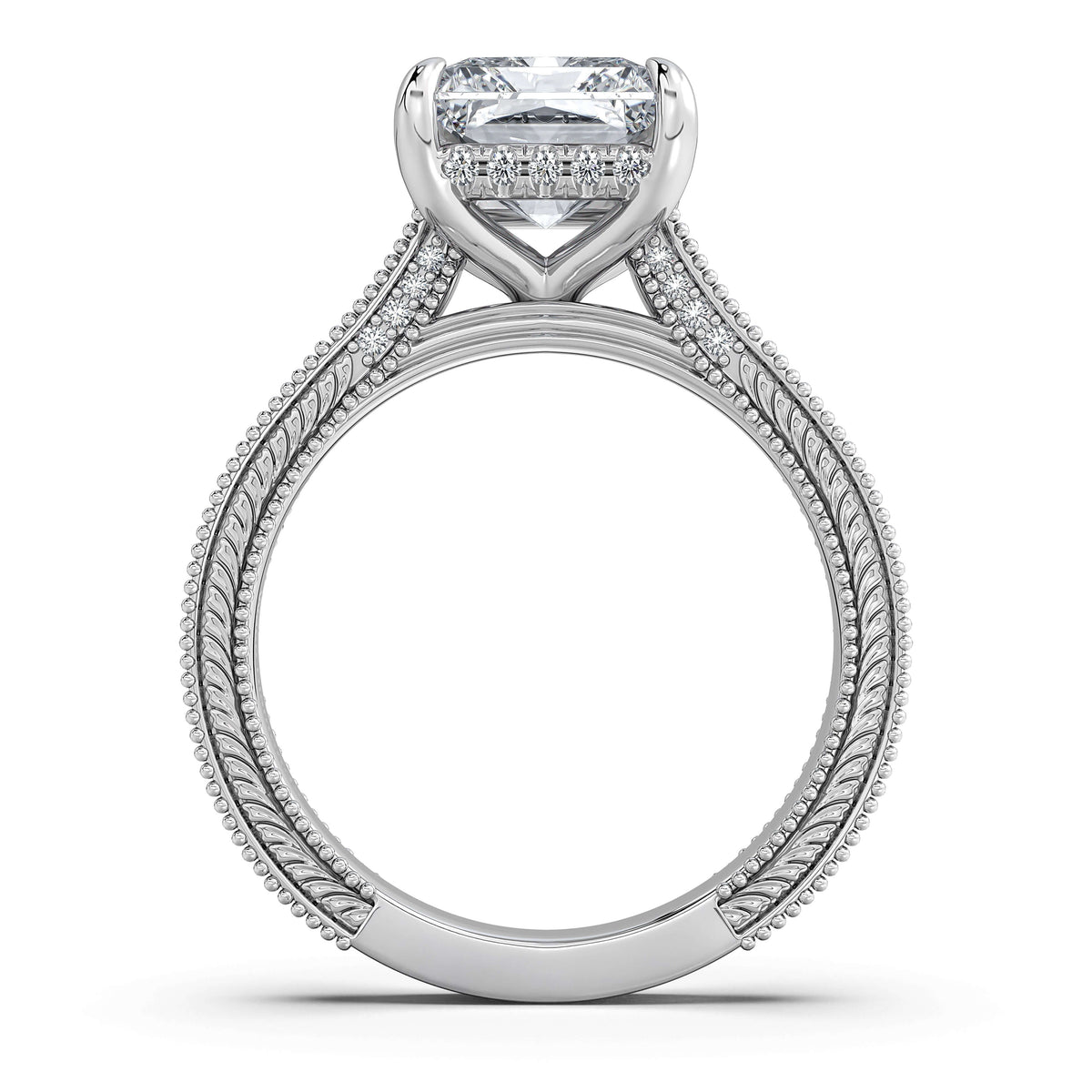 White Gold Radiant Hand-Engraved Diamond Engagement Ring Profile View | Waco Diamonds Is Located In Waco, TX | Central Texas' #1 Engagement Ring Store With Lifetime Warranty