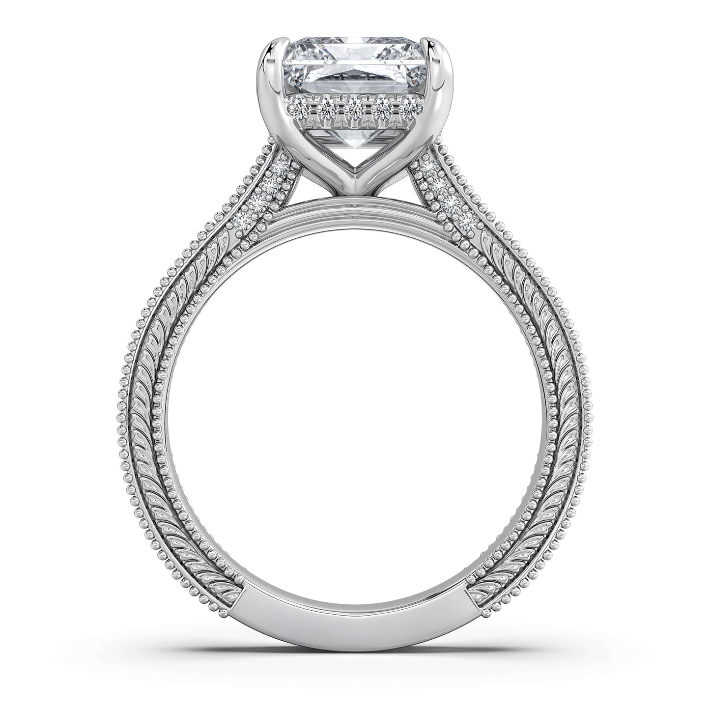 White Gold Radiant Hand-Engraved Diamond Engagement Ring Profile View | Waco Diamonds Is Located In Waco, TX | Central Texas' #1 Engagement Ring Store With Lifetime Warranty