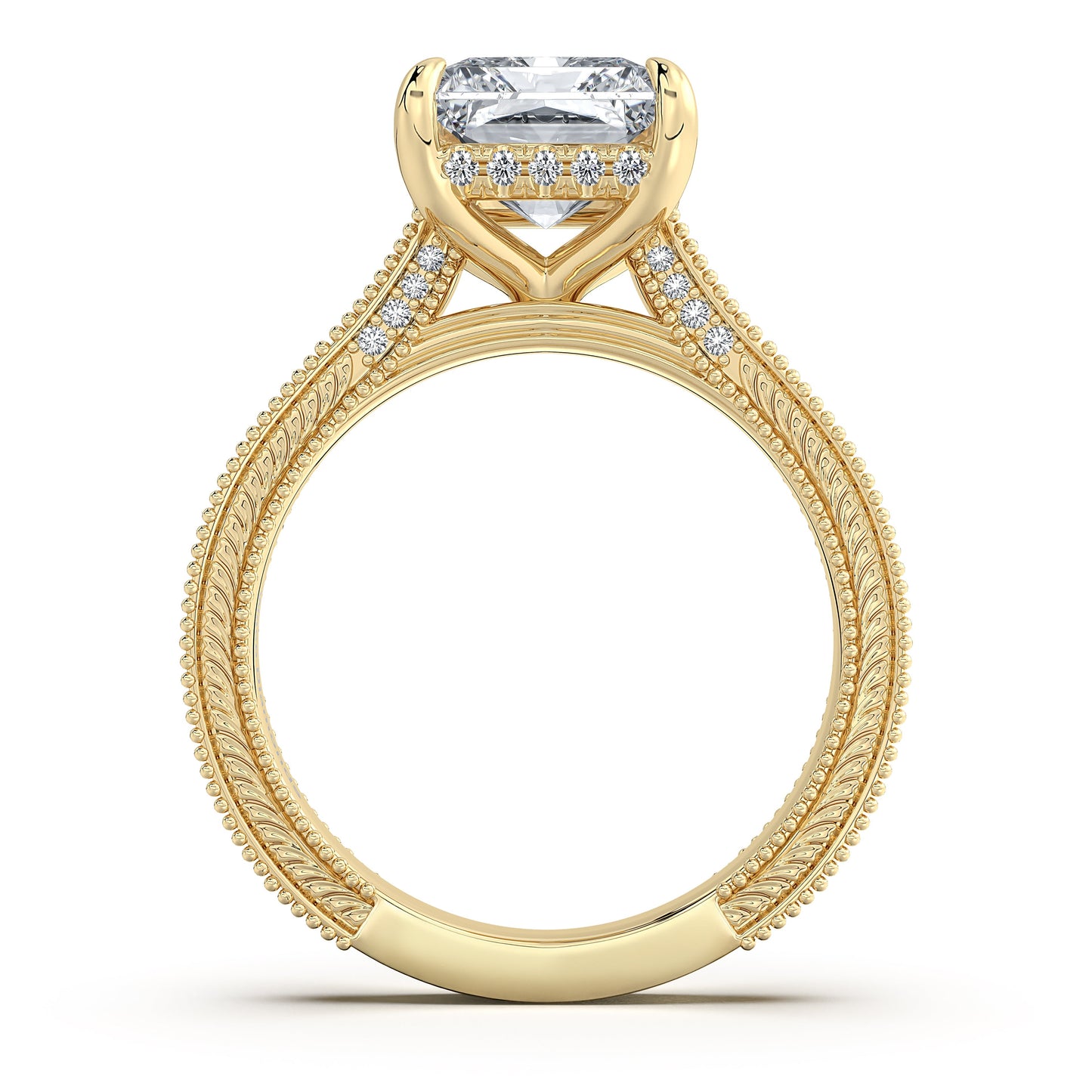 Yellow Gold Radiant Hand-Engraved Diamond Engagement Ring Profile View | Waco Diamonds Is Located In Waco, TX | Central Texas' #1 Engagement Ring Store With Lifetime Warranty