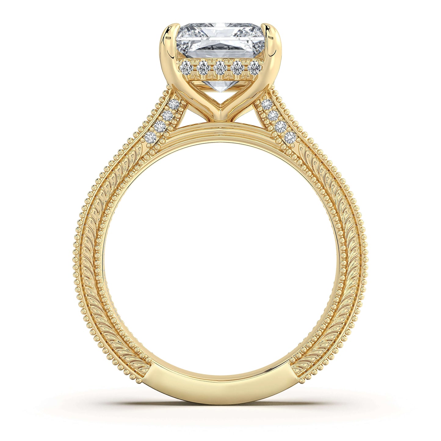 Yellow Gold Radiant Hand-Engraved Diamond Engagement Ring Profile View | Waco Diamonds Is Located In Waco, TX | Central Texas' #1 Engagement Ring Store With Lifetime Warranty