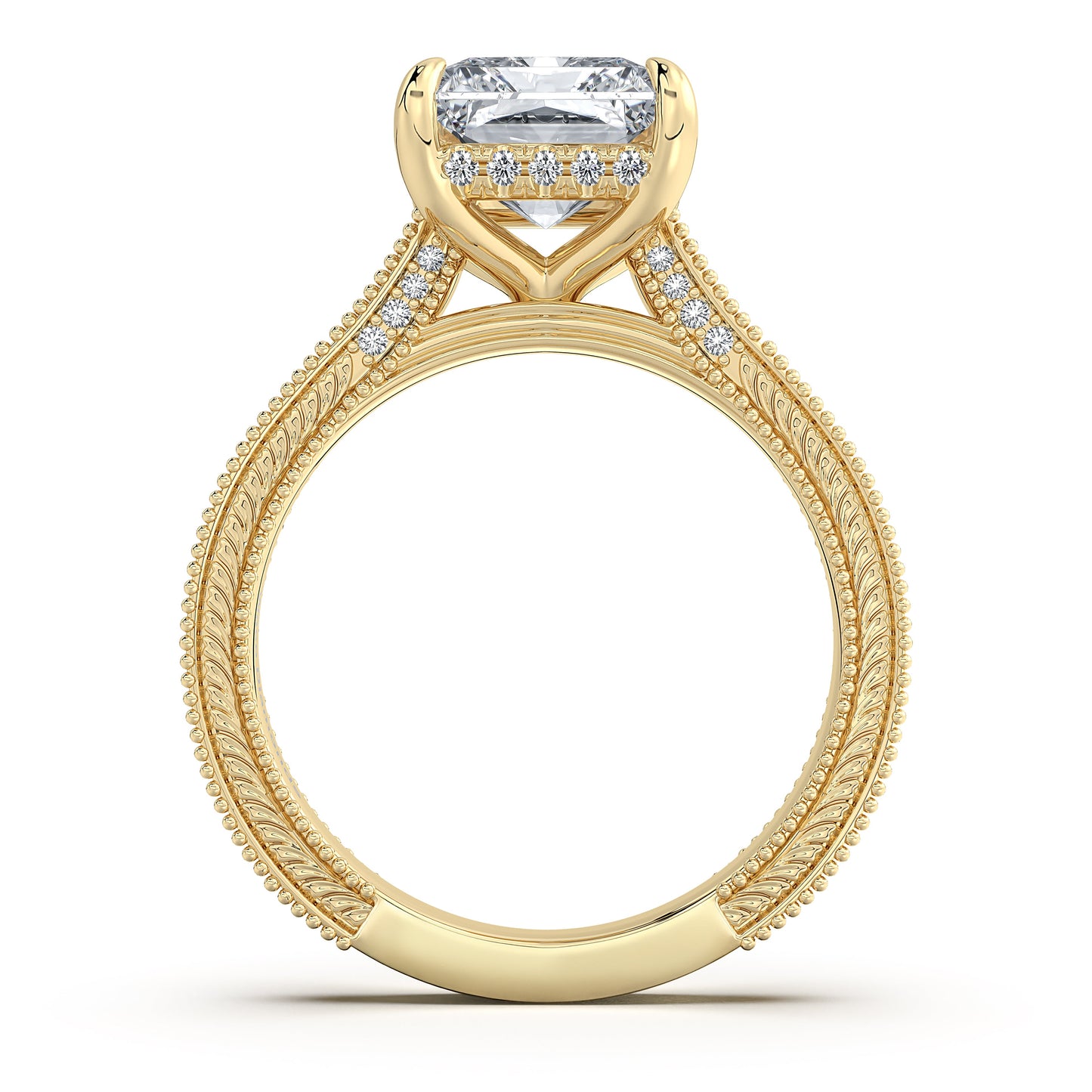 Yellow Gold Radiant Hand-Engraved Diamond Engagement Ring Profile View | Waco Diamonds Is Located In Waco, TX | Central Texas' #1 Engagement Ring Store With Lifetime Warranty
