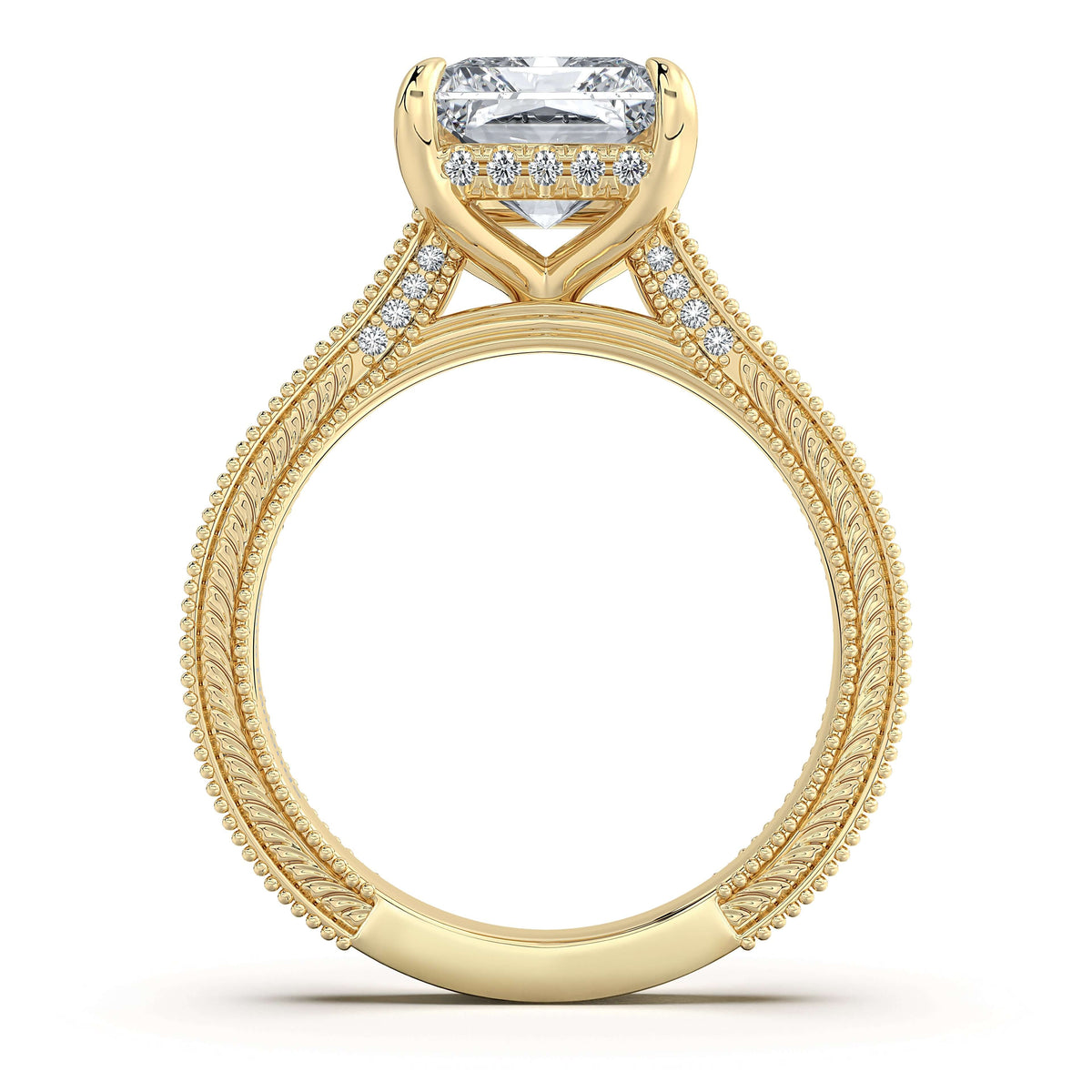 Yellow Gold Radiant Hand-Engraved Diamond Engagement Ring Profile View | Waco Diamonds Is Located In Waco, TX | Central Texas' #1 Engagement Ring Store With Lifetime Warranty