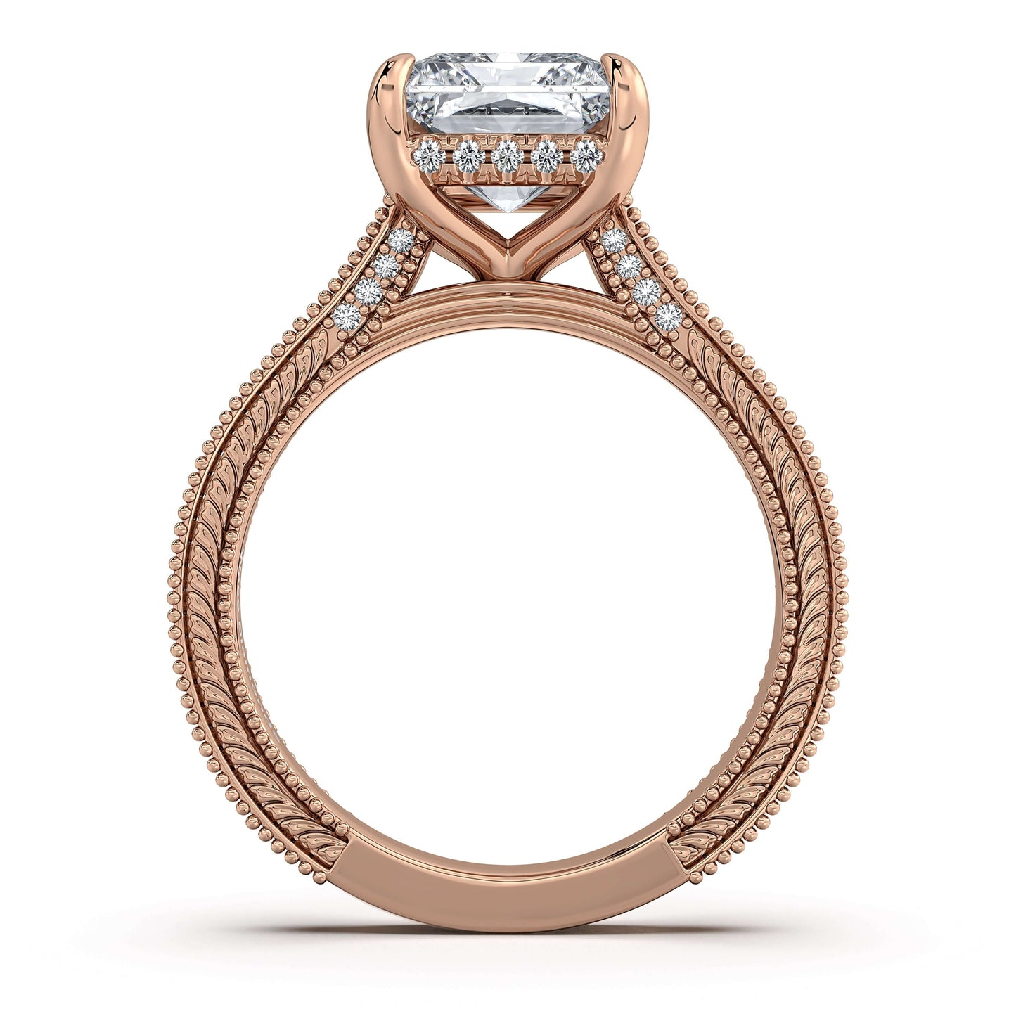 Rose Gold Radiant Hand-Engraved Diamond Engagement Ring Profile View | Waco Diamonds Is Located In Waco, TX | Central Texas' #1 Engagement Ring Store With Lifetime Warranty