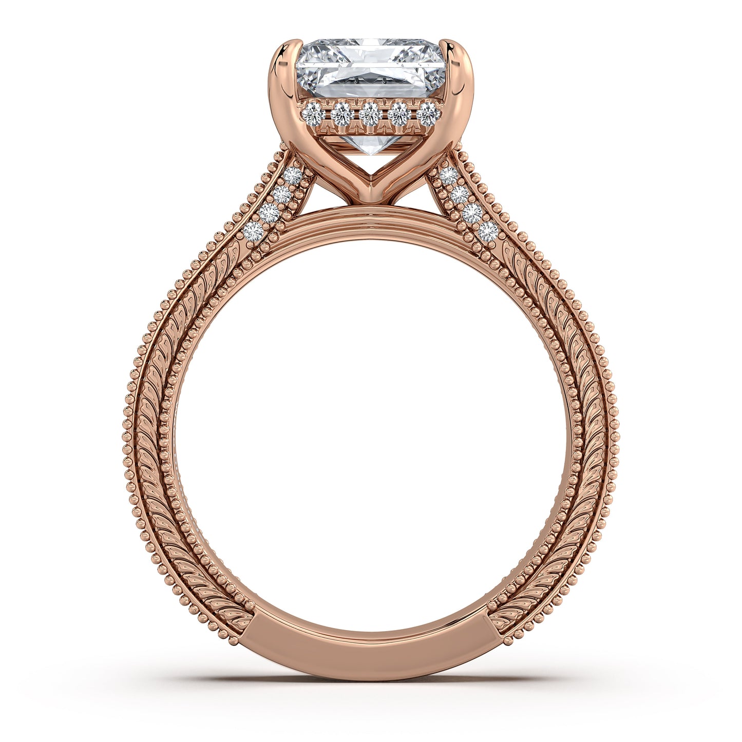 Rose Gold Radiant Hand-Engraved Diamond Engagement Ring Profile View | Waco Diamonds Is Located In Waco, TX | Central Texas' #1 Engagement Ring Store With Lifetime Warranty