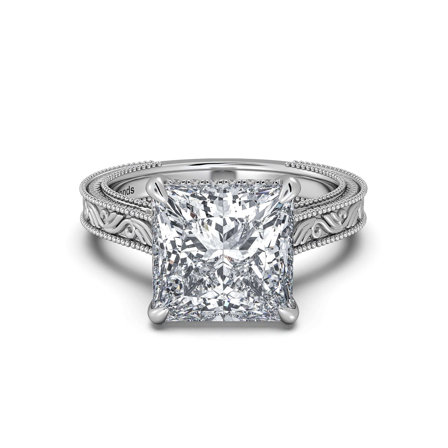 White Gold Princess Hand-Engraved Diamond Engagement Ring | Waco Diamonds Is Located In Waco, TX | Central Texas' #1 Engagement Ring Store With Lifetime Warranty