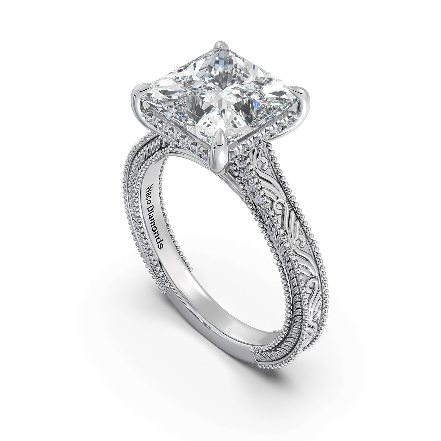 White Gold Princess Hand-Engraved Diamond Engagement Ring Side Profile | Waco Diamonds Is Located In Waco, TX | Central Texas' #1 Engagement Ring Store With Lifetime Warranty