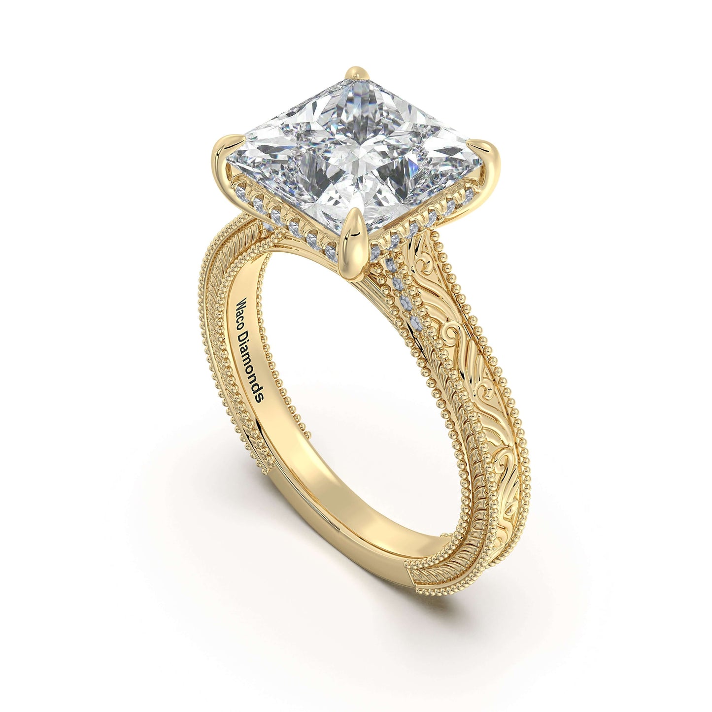 Yellow Gold Princess Hand-Engraved Diamond Engagement Ring Side Profile | Waco Diamonds Is Located In Waco, TX | Central Texas' #1 Engagement Ring Store With Lifetime Warranty