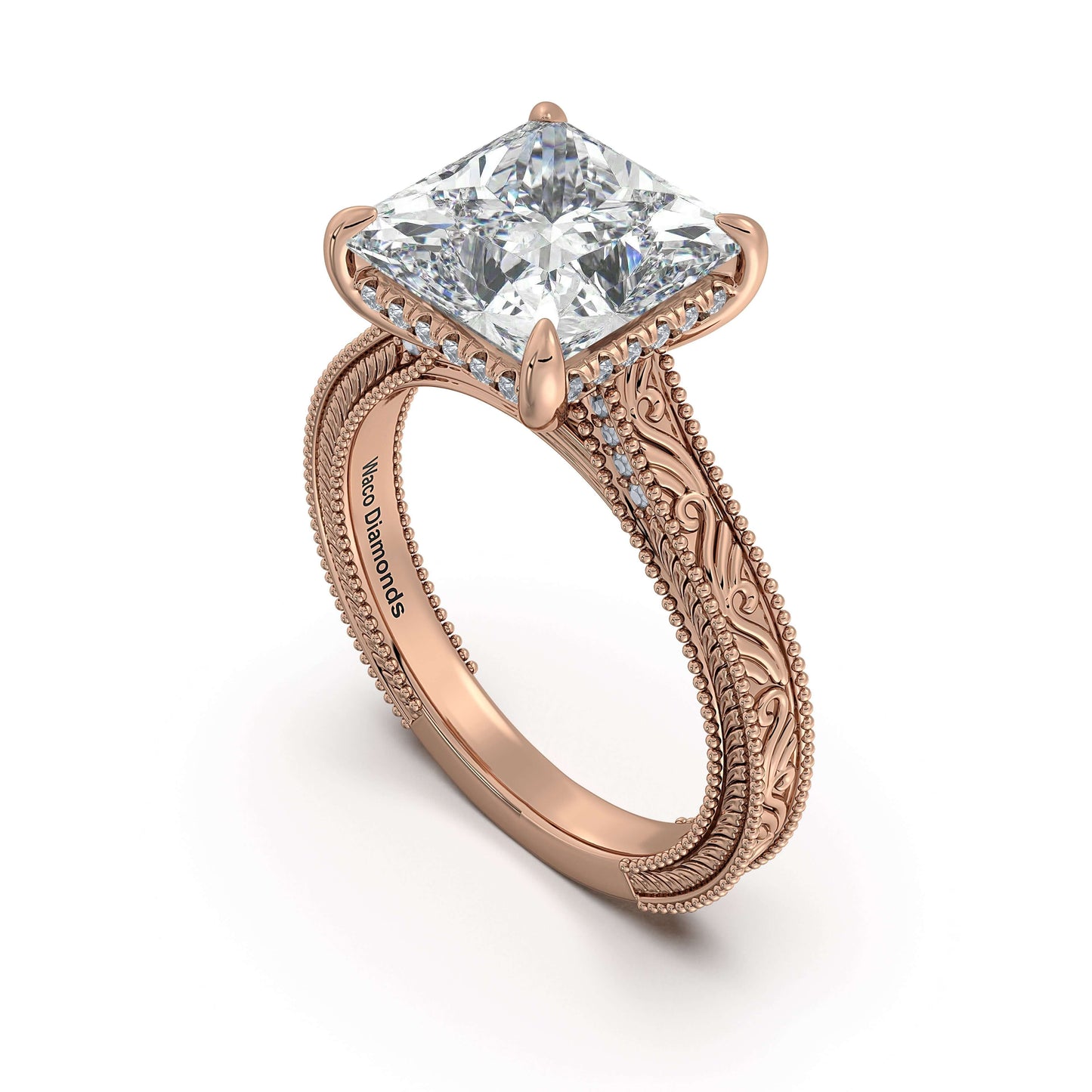 Rose Gold Princess Hand-Engraved Diamond Engagement Ring Side Profile | Waco Diamonds Is Located In Waco, TX | Central Texas' #1 Engagement Ring Store With Lifetime Warranty