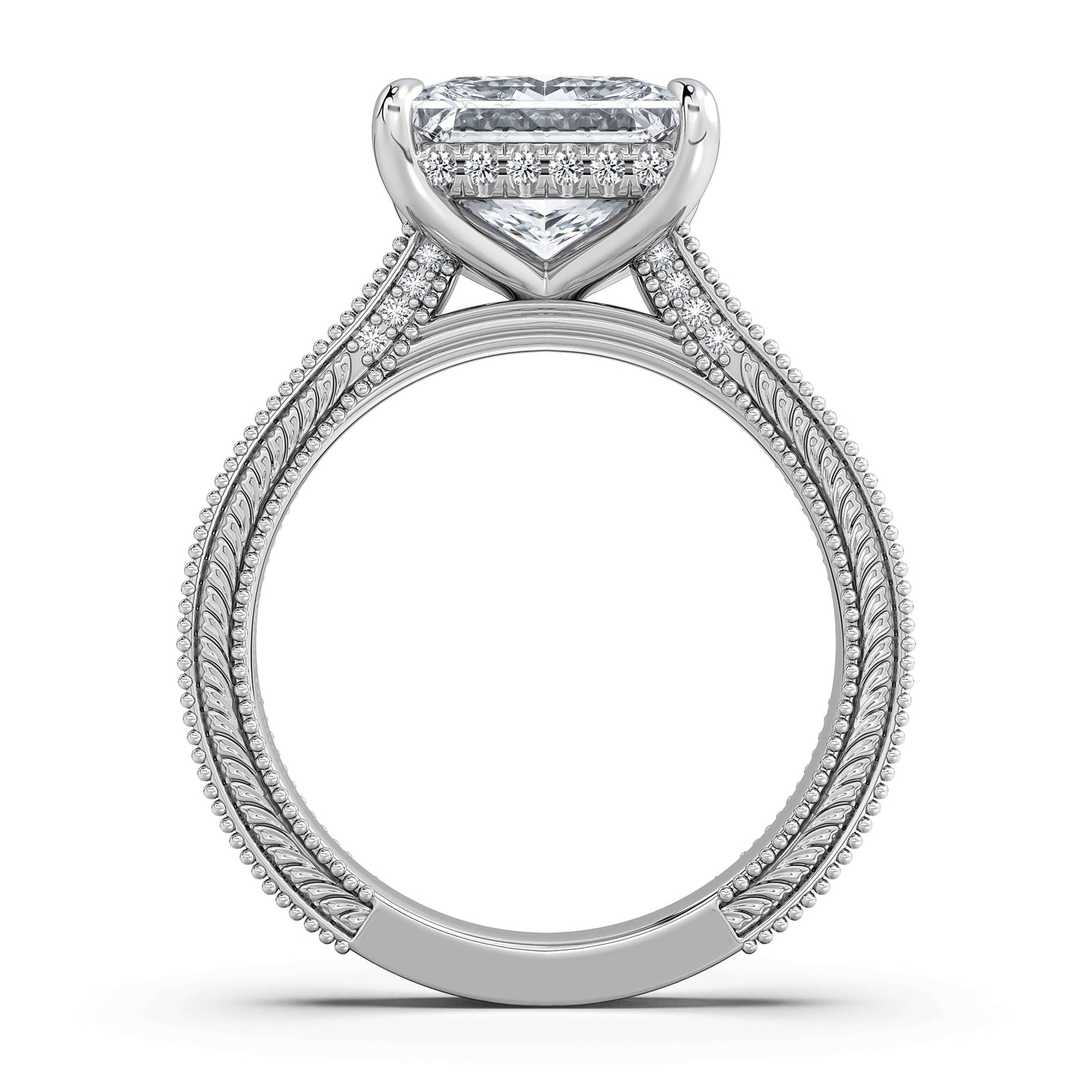 White Gold Princess Hand-Engraved Diamond Engagement Ring Profile View | Waco Diamonds Is Located In Waco, TX | Central Texas' #1 Engagement Ring Store With Lifetime Warranty