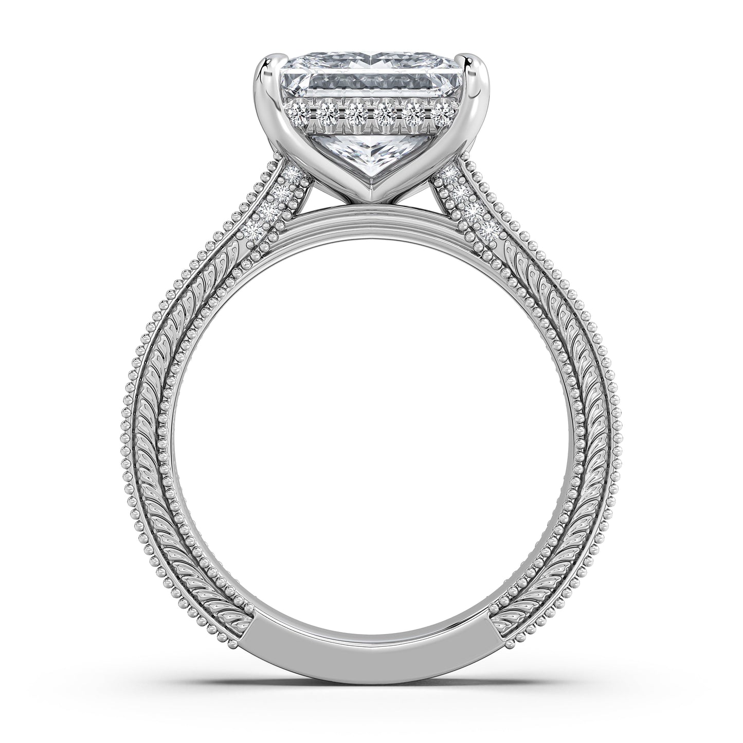 White Gold Princess Hand-Engraved Diamond Engagement Ring Profile View | Waco Diamonds Is Located In Waco, TX | Central Texas' #1 Engagement Ring Store With Lifetime Warranty