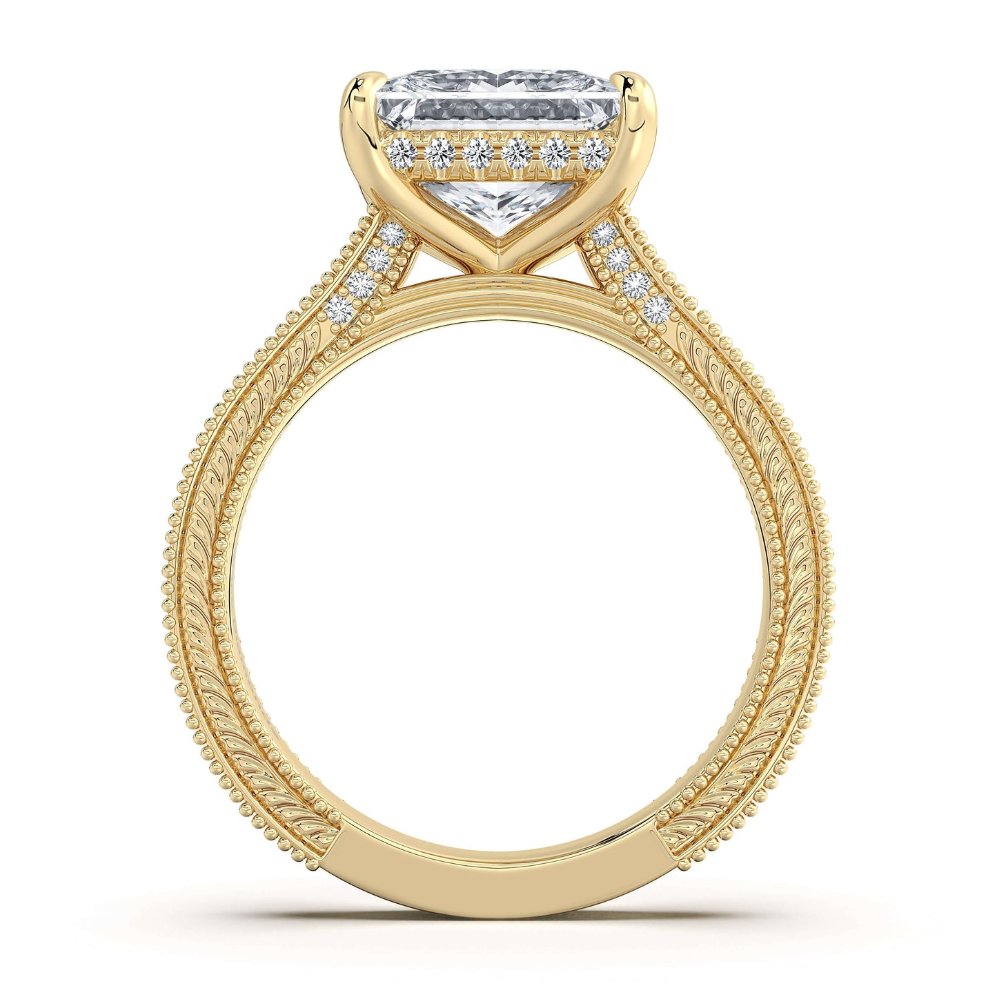 Yellow Gold Princess Hand-Engraved Diamond Engagement Ring Profile View | Waco Diamonds Is Located In Waco, TX | Central Texas' #1 Engagement Ring Store With Lifetime Warranty