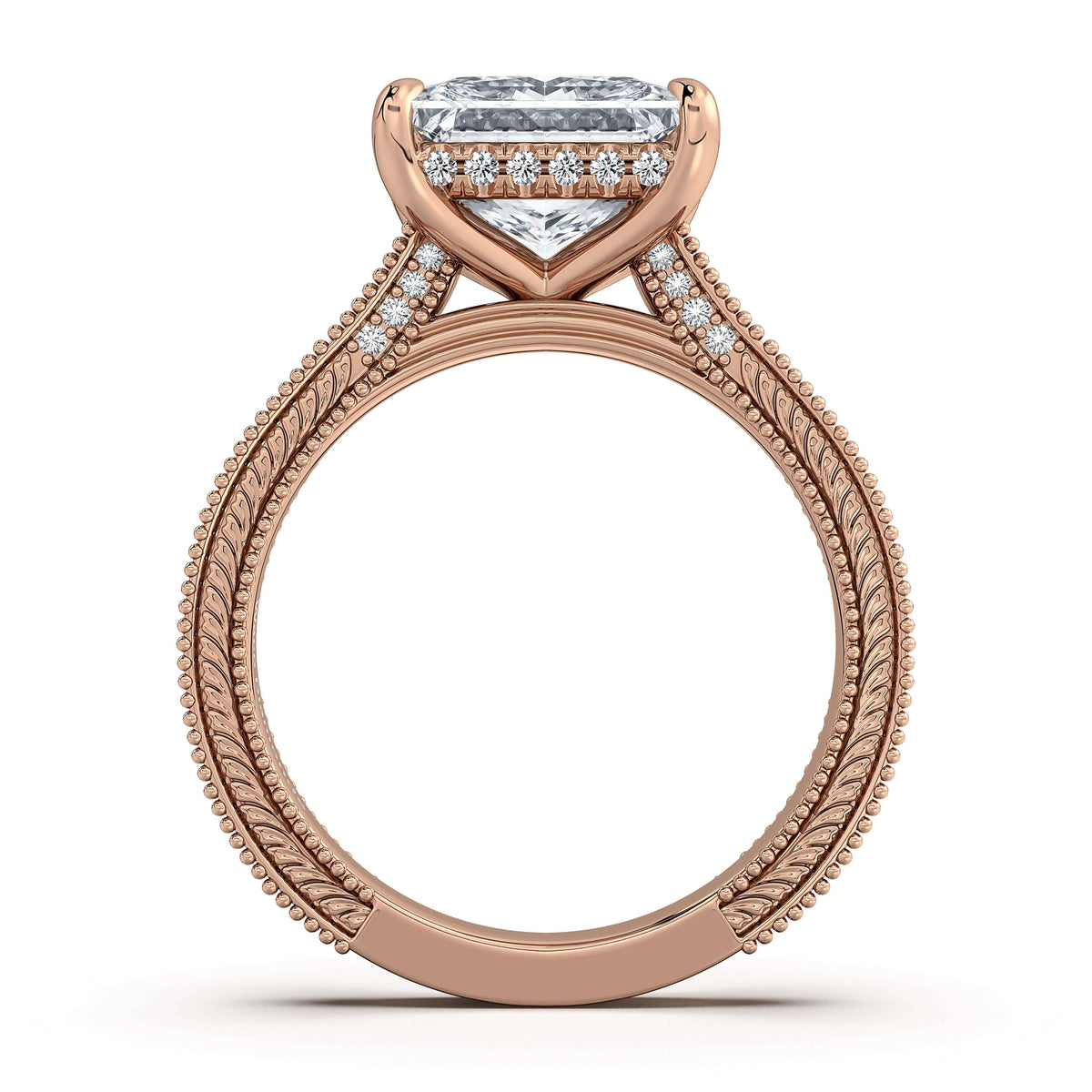 Rose Gold Princess Hand-Engraved Diamond Engagement Ring Profile View | Waco Diamonds Is Located In Waco, TX | Central Texas' #1 Engagement Ring Store With Lifetime Warranty