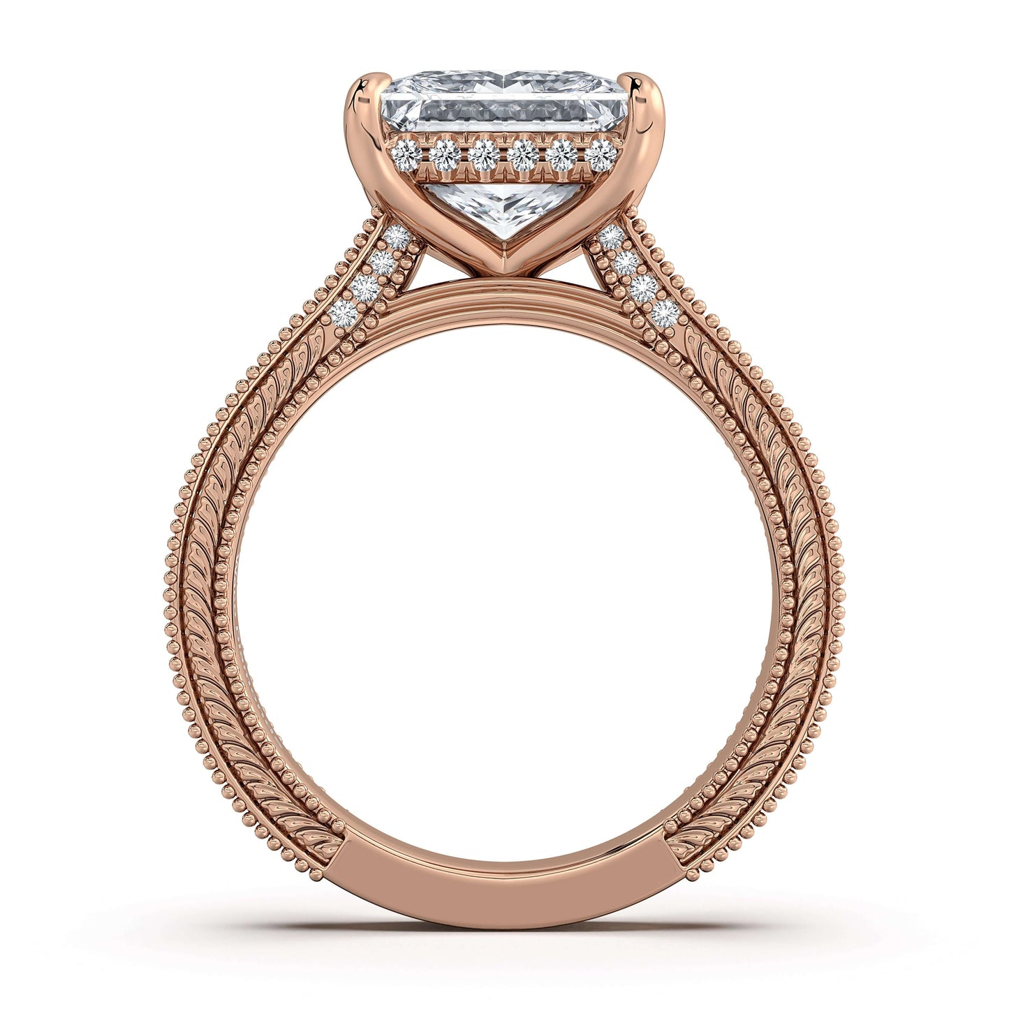 Rose Gold Princess Hand-Engraved Diamond Engagement Ring Profile View | Waco Diamonds Is Located In Waco, TX | Central Texas' #1 Engagement Ring Store With Lifetime Warranty