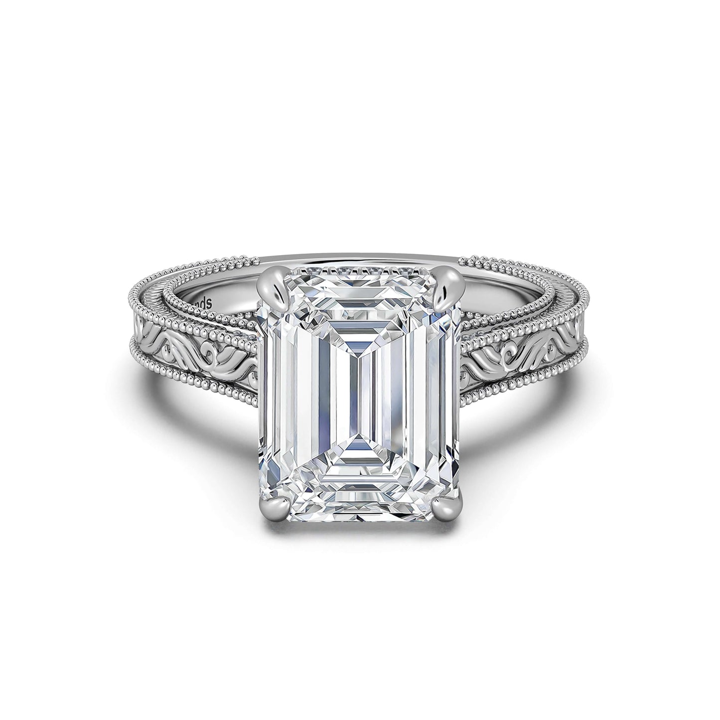 White Gold Emerald Hand-Engraved Diamond Engagement Ring | Waco Diamonds Is Located In Waco, TX | Central Texas' #1 Engagement Ring Store With Lifetime Warranty