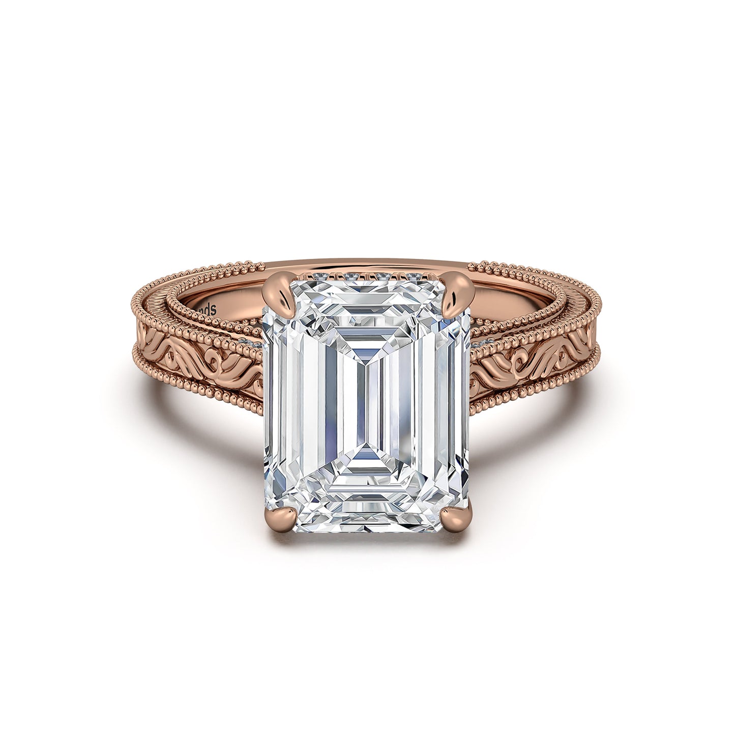 Rose Gold Emerald Hand-Engraved Diamond Engagement Ring | Waco Diamonds Is Located In Waco, TX | Central Texas' #1 Engagement Ring Store With Lifetime Warranty