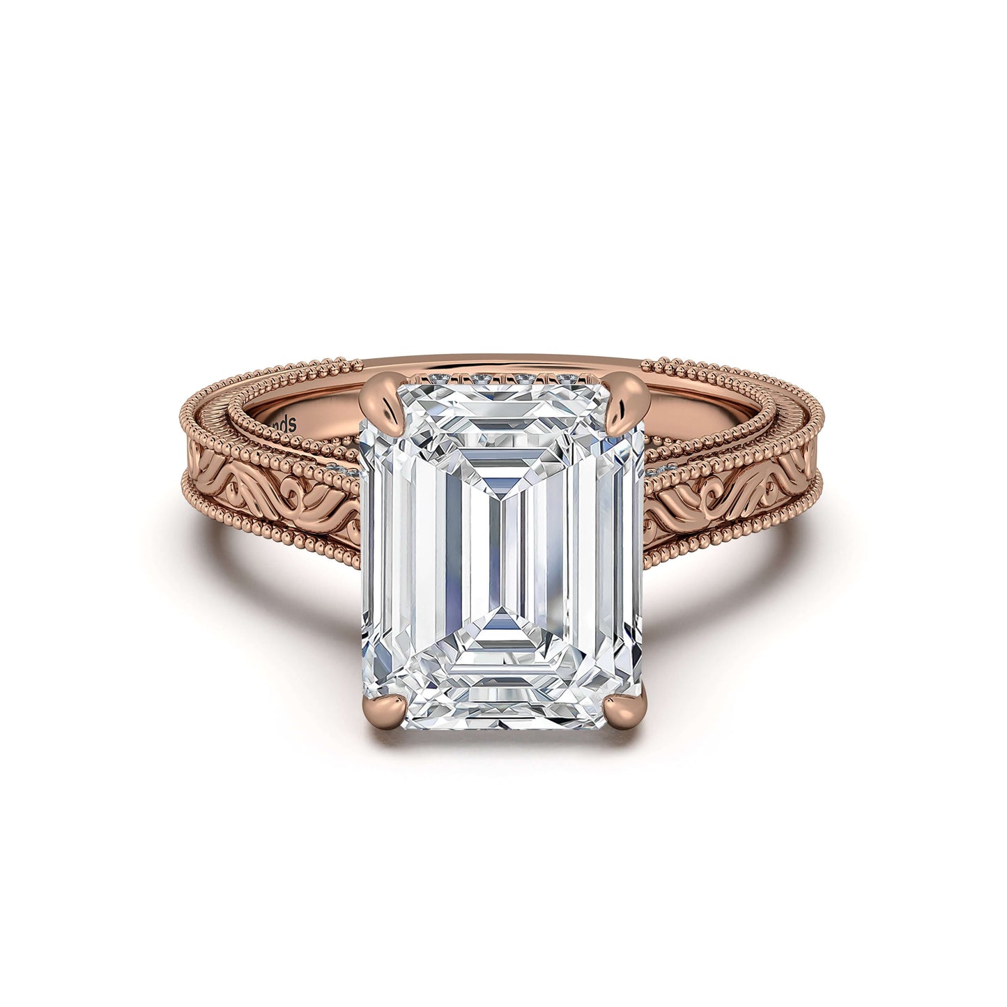 Rose Gold Emerald Hand-Engraved Diamond Engagement Ring | Waco Diamonds Is Located In Waco, TX | Central Texas' #1 Engagement Ring Store With Lifetime Warranty