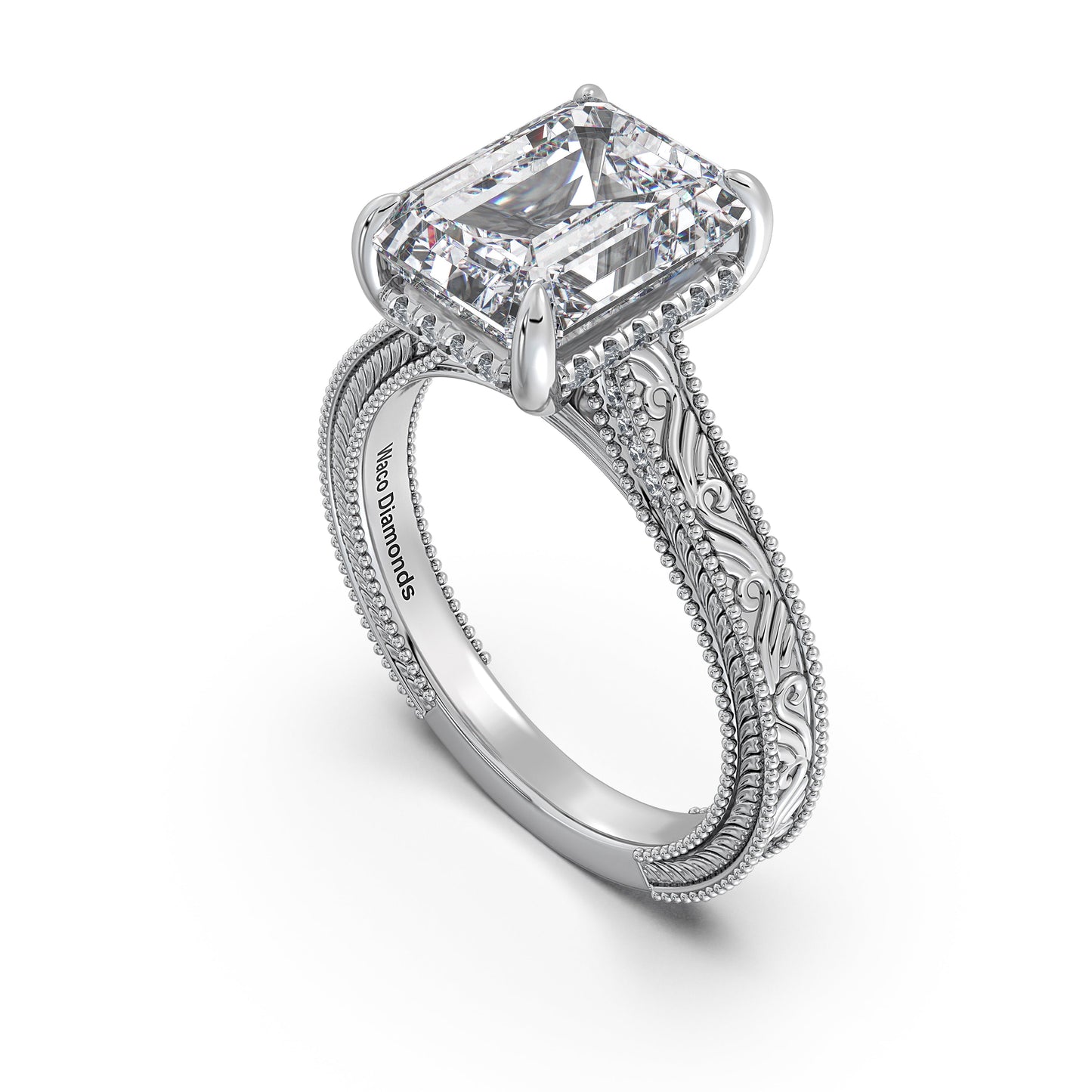 White Gold Emerald Hand-Engraved Diamond Engagement Ring Side Profile | Waco Diamonds Is Located In Waco, TX | Central Texas' #1 Engagement Ring Store With Lifetime Warranty