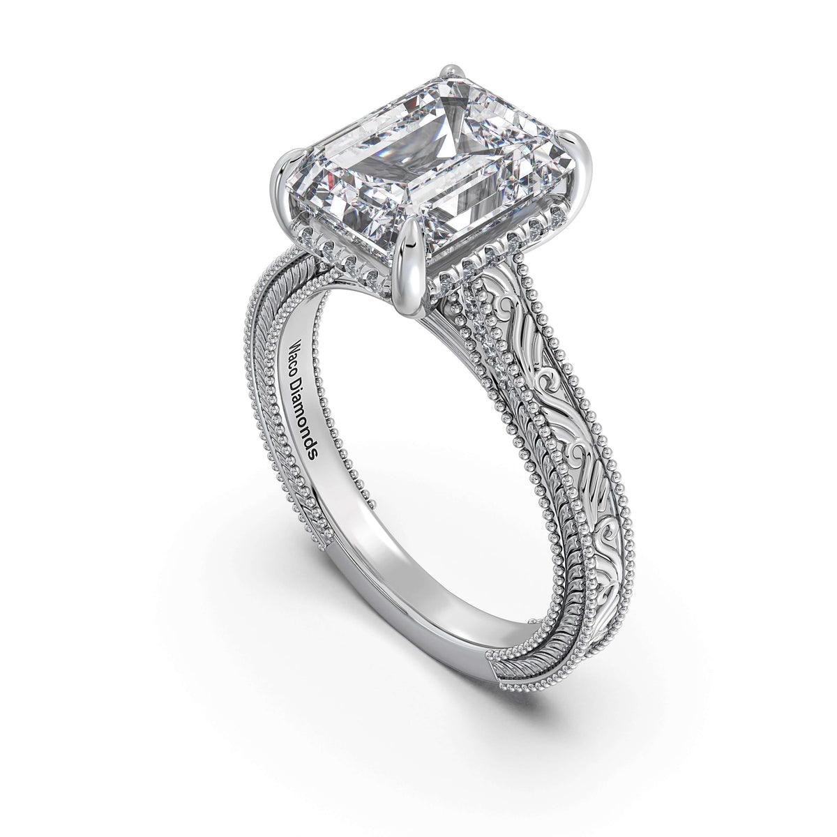 White Gold Emerald Hand-Engraved Diamond Engagement Ring Side Profile | Waco Diamonds Is Located In Waco, TX | Central Texas' #1 Engagement Ring Store With Lifetime Warranty