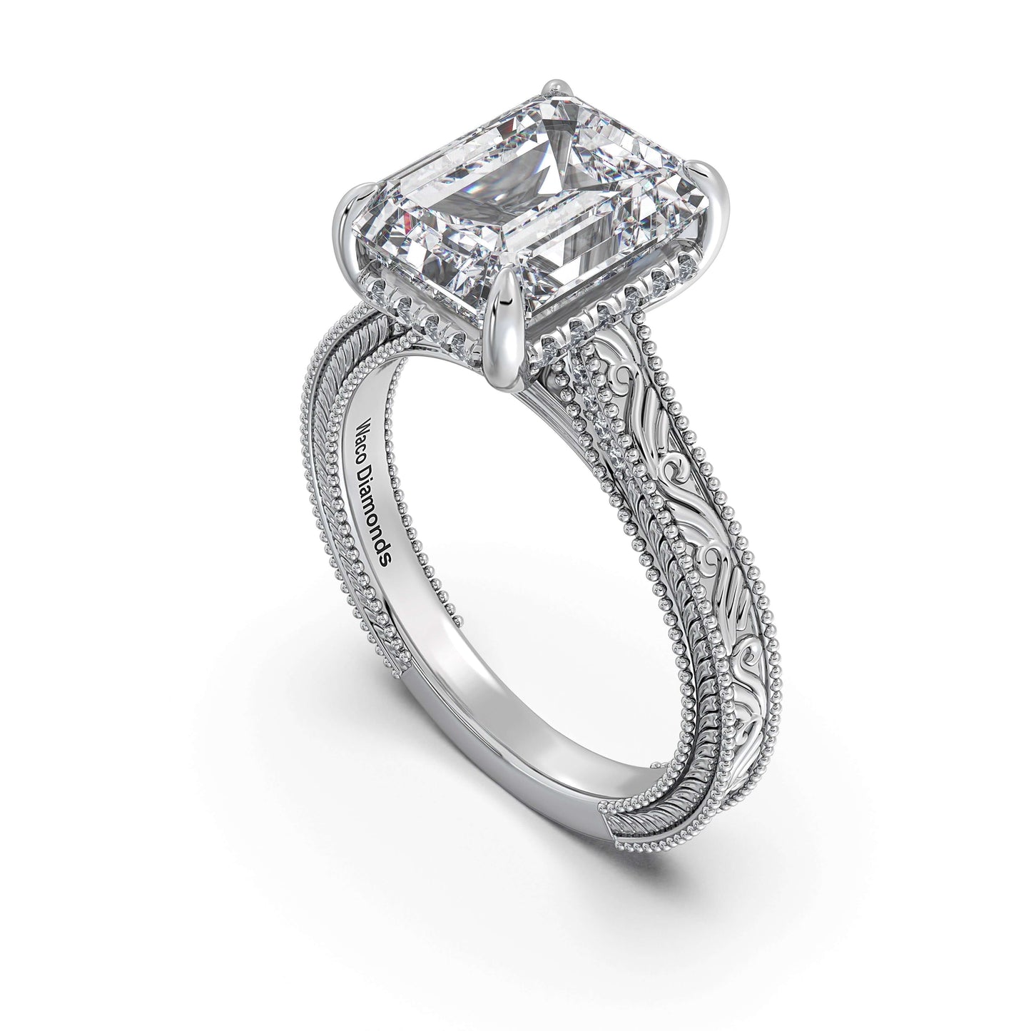 White Gold Emerald Hand-Engraved Diamond Engagement Ring Side Profile | Waco Diamonds Is Located In Waco, TX | Central Texas' #1 Engagement Ring Store With Lifetime Warranty